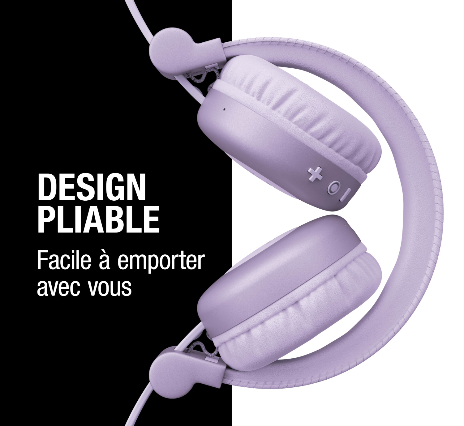 Casque violet avec arceau pliable, sur fond noir et blanc.