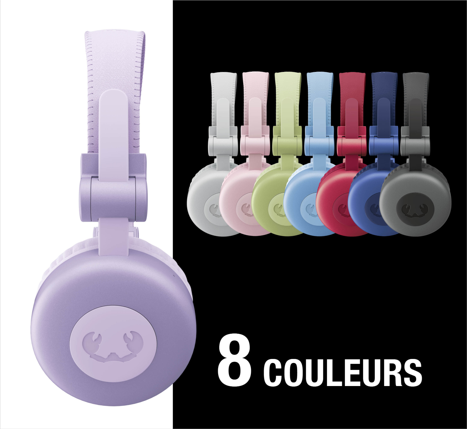 Un casque violet à gauche, à côté de 7 autres casques de couleurs différentes.