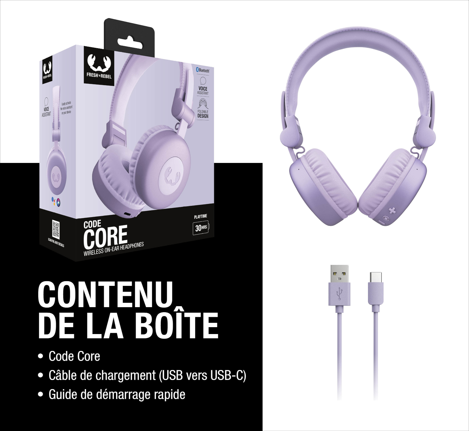 Un casque violet avec câble de chargement et emballage. Les détails sont imprimés sur la boîte.