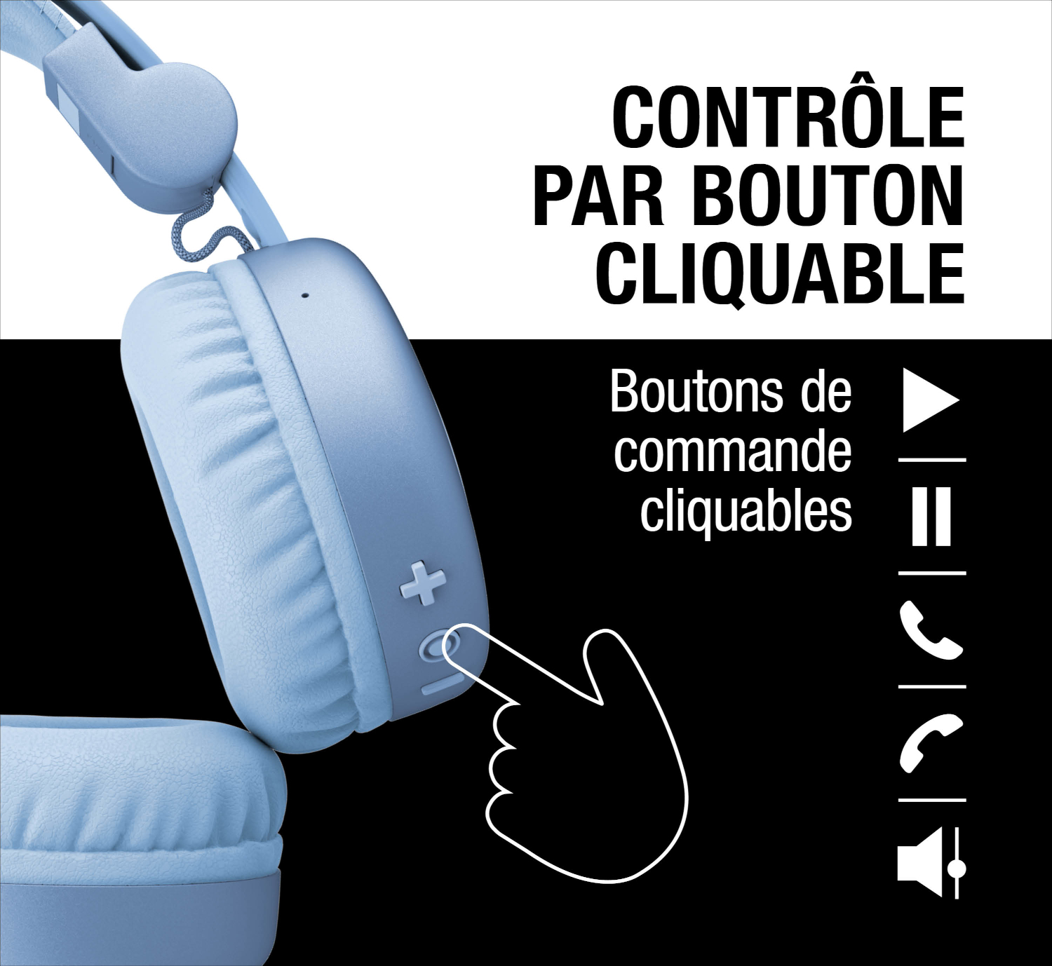 Casque bleu clair avec commandes et icônes pour lecture, pause, appel et volume.
