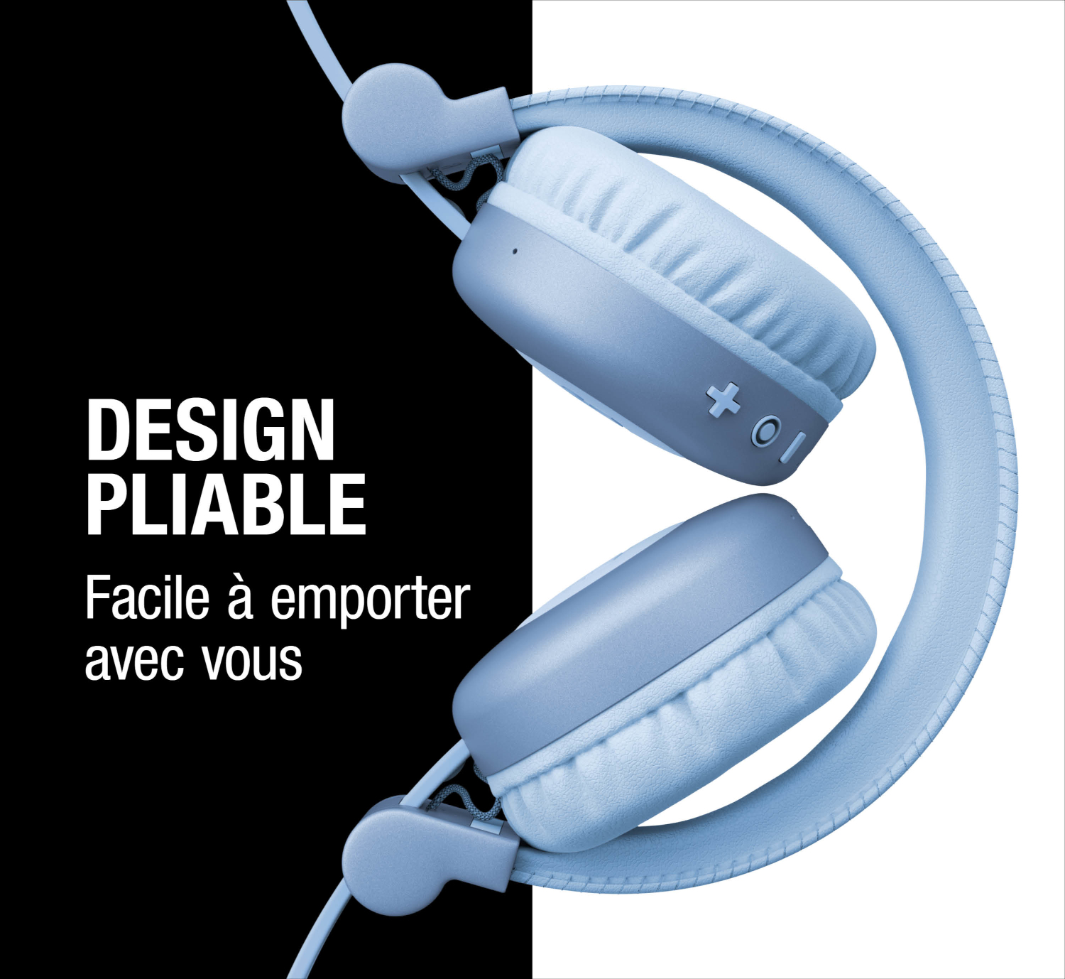 Casque pliable bleu clair avec commandes sur les écouteurs.