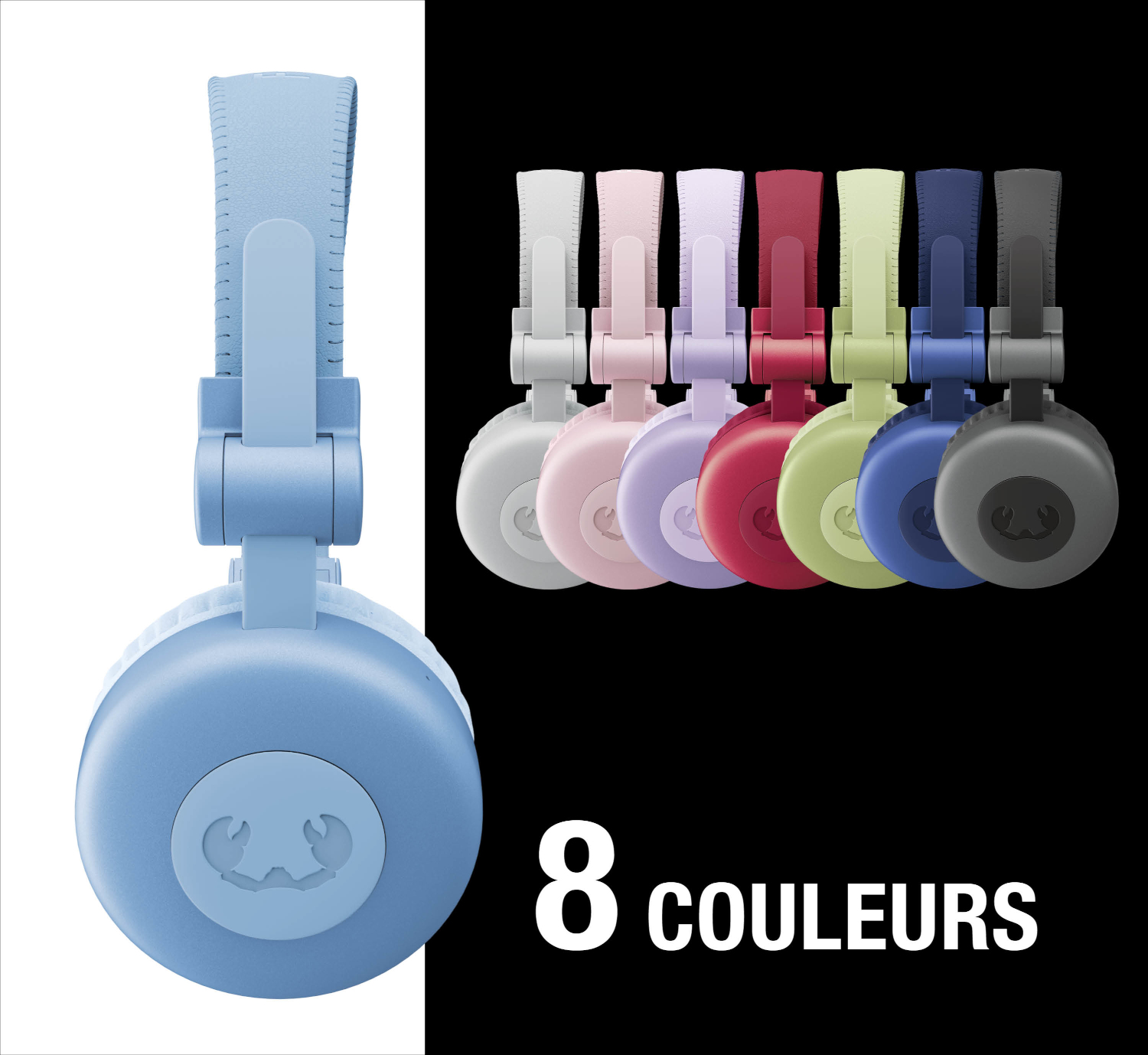 Un casque bleu clair à gauche, huit casques colorés à droite.
