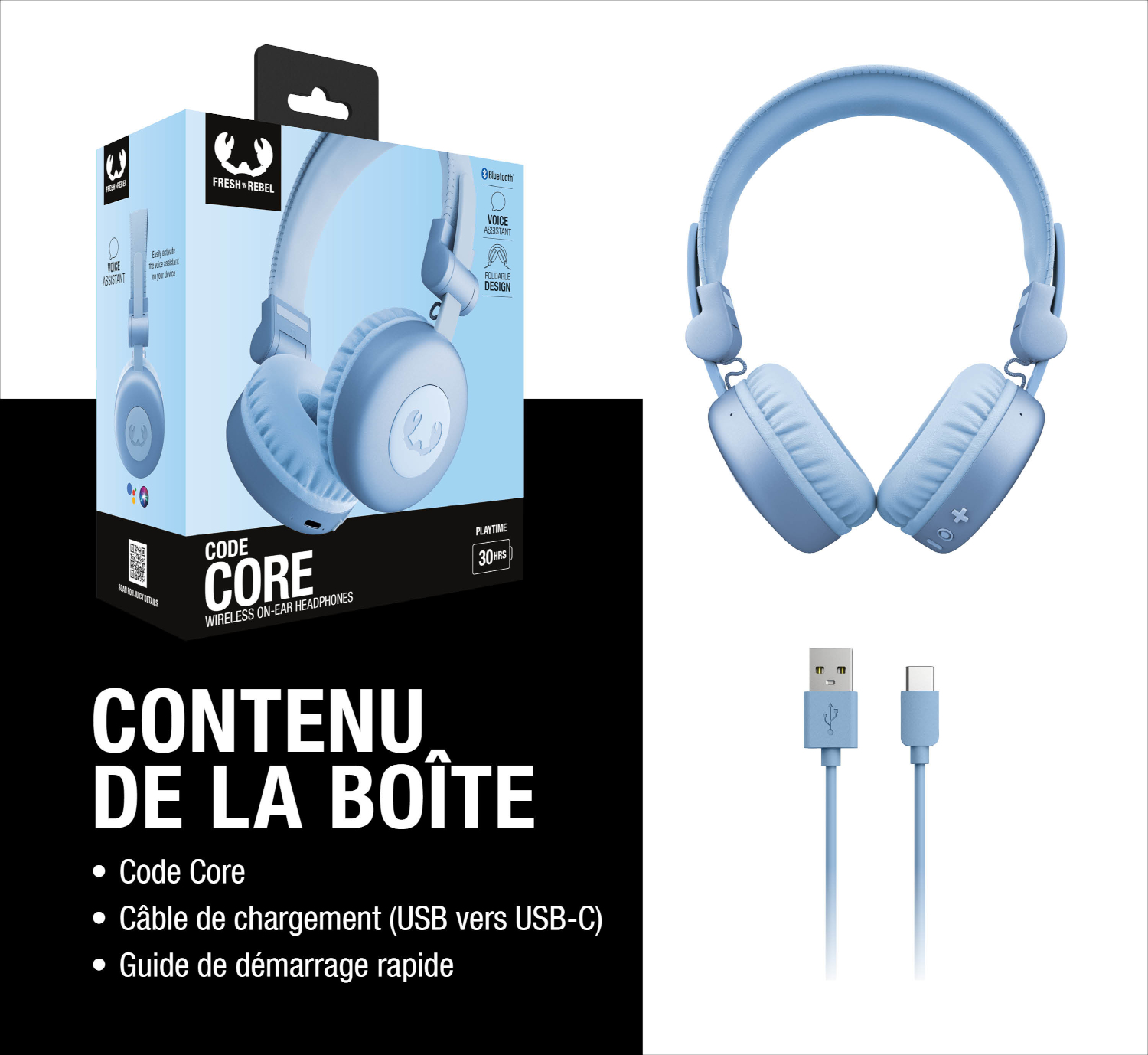 Casque bleu clair avec câble de chargement, boîte et contenu.