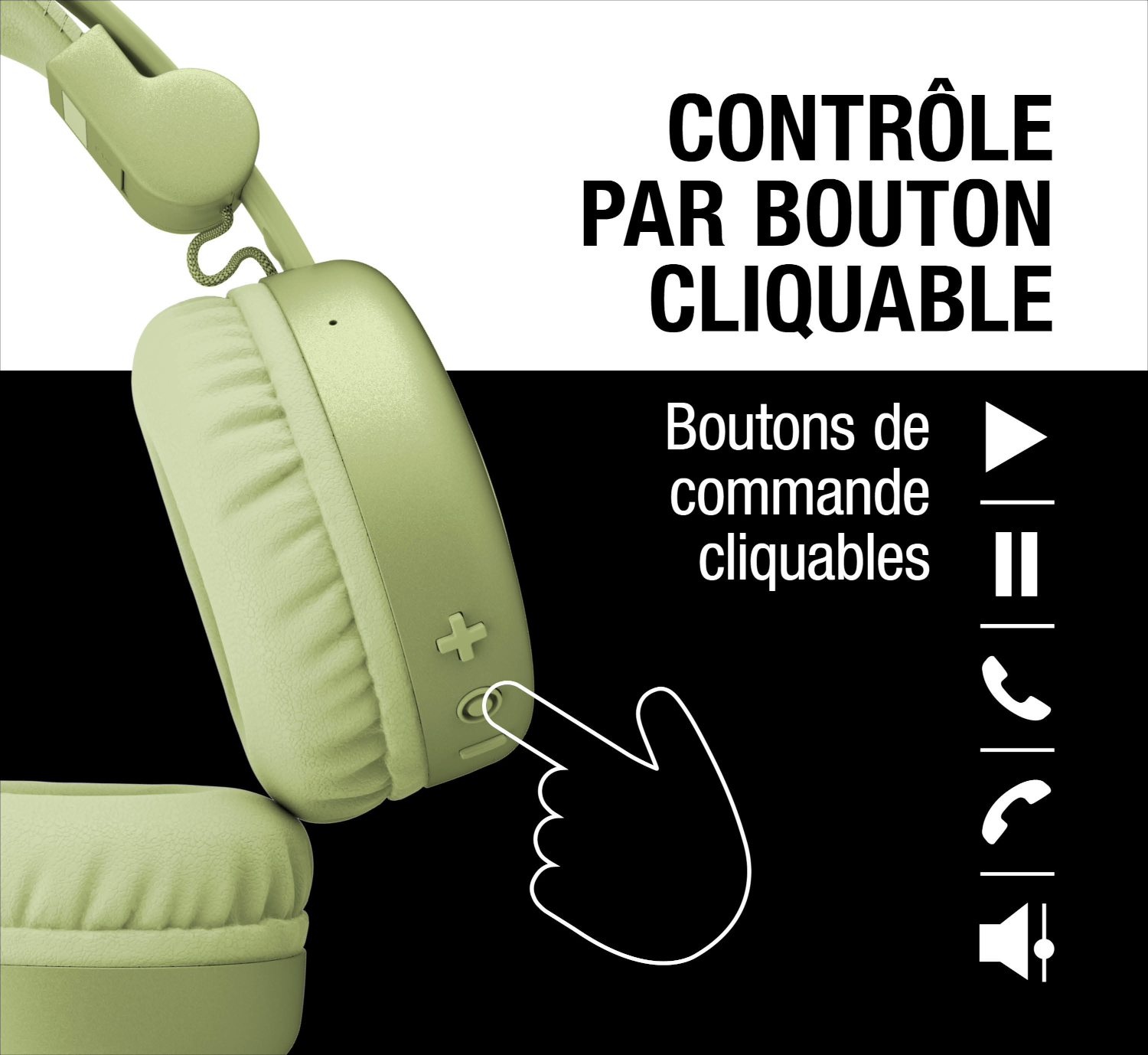 Casque vert avec contrôle par bouton. Un doigt appuie sur le bouton de volume.
