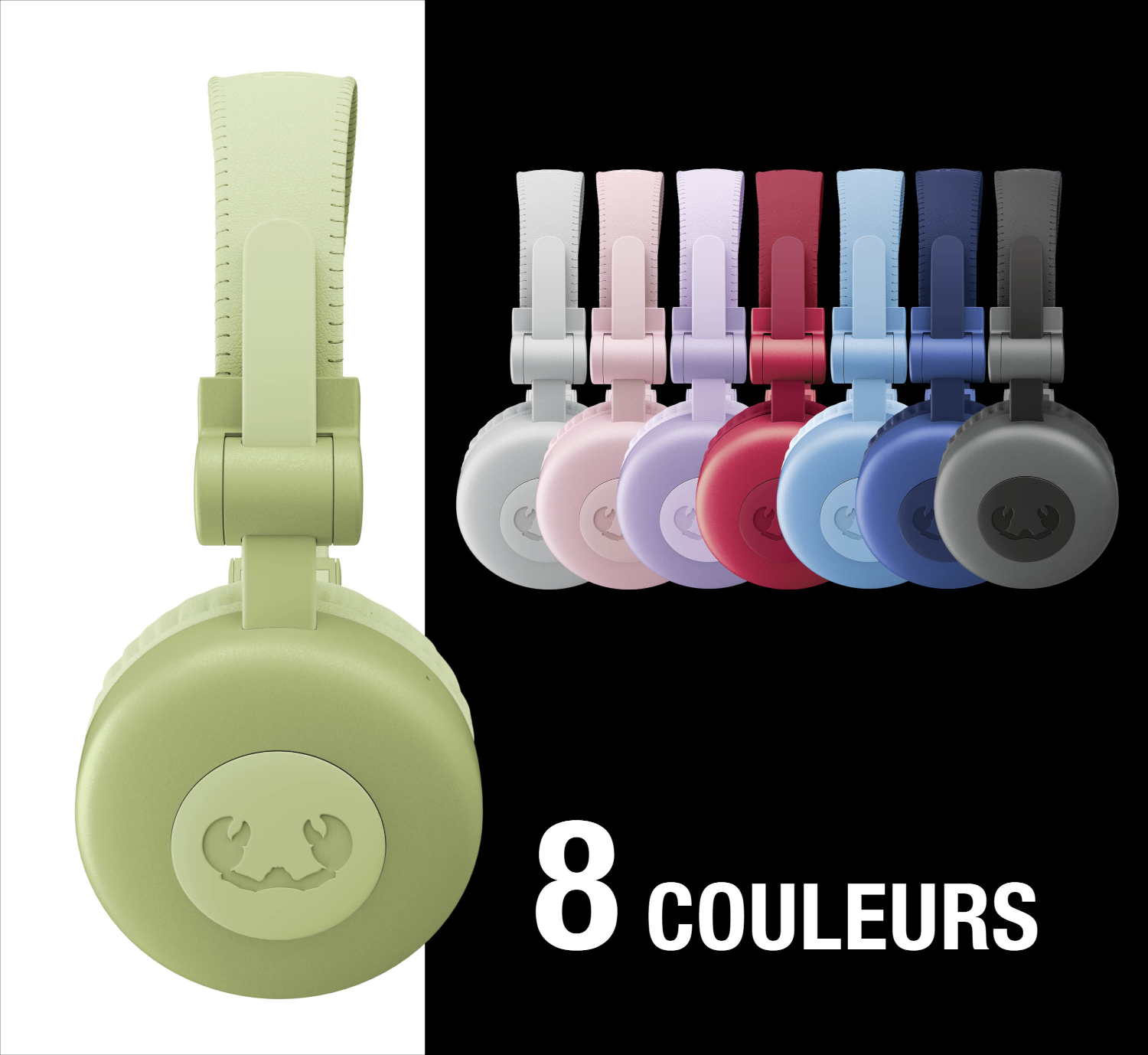 Un casque vert clair à gauche, à côté 7 autres casques de couleurs variées.