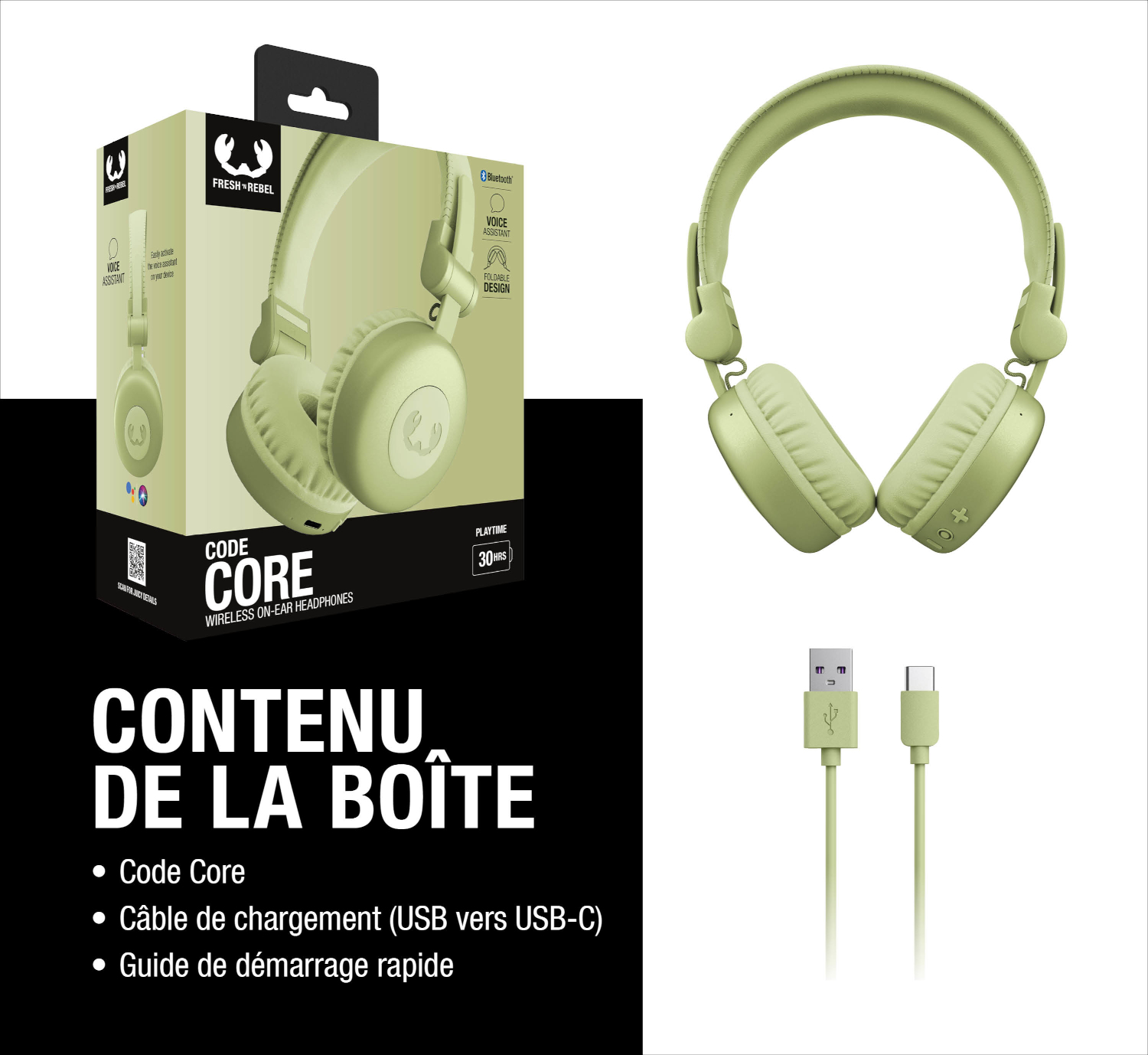 Casque sans fil vert clair avec câble et emballage.