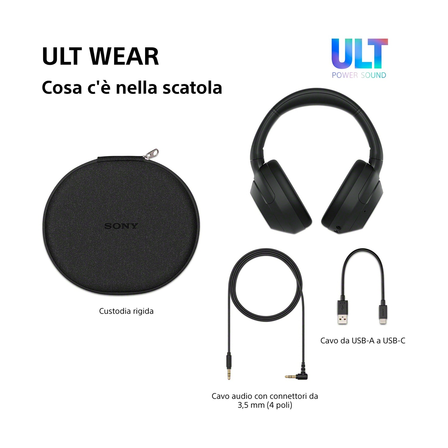Cuffie nere e accessori: custodia, cavo audio, cavo USB-A a USB-C.