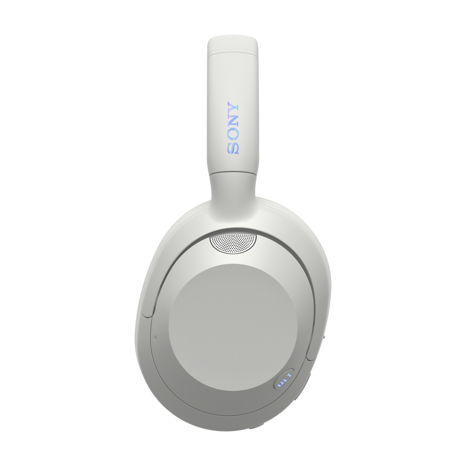 Cuffie Sony bianche con accenti argentati e logo luminoso.