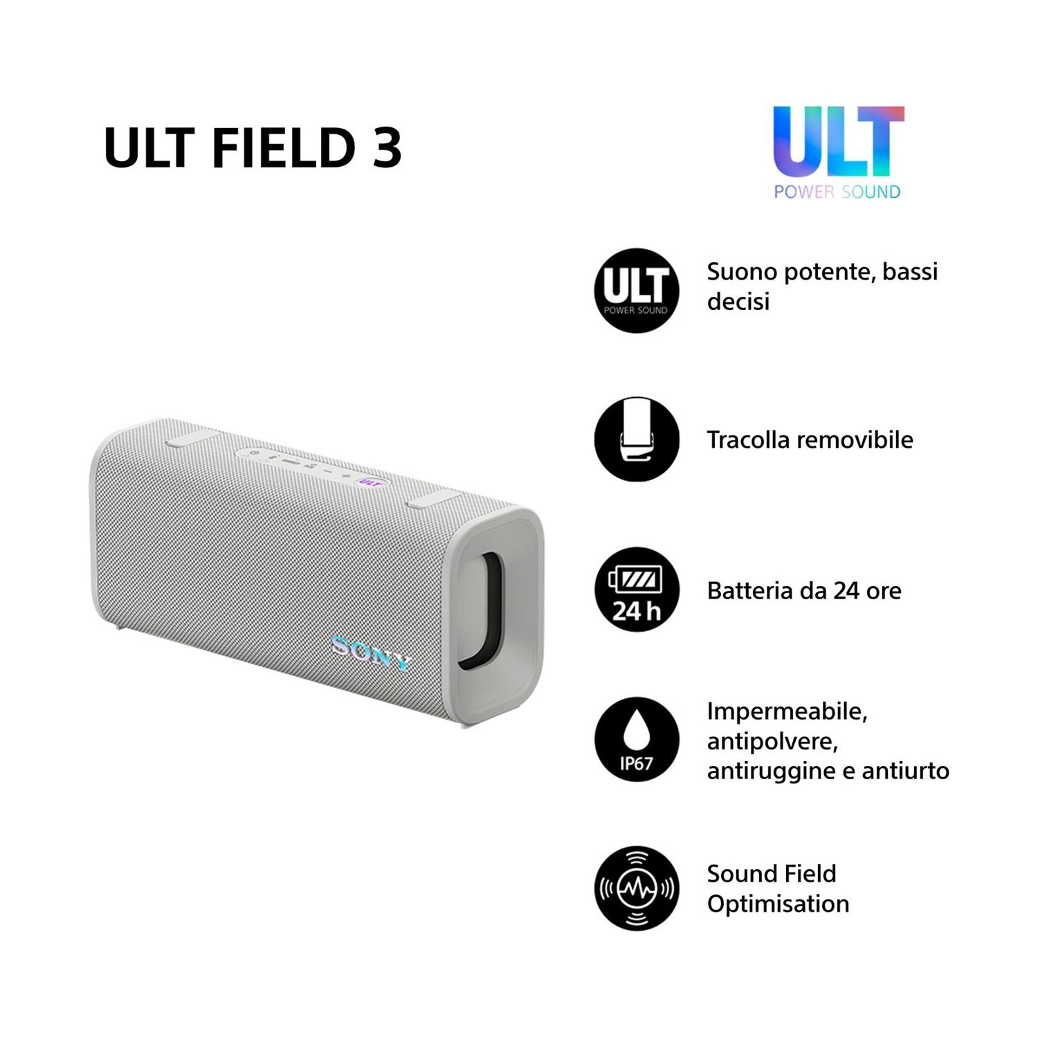 Altoparlante Sony ULT FIELD 3 grigio con icone funzioni.