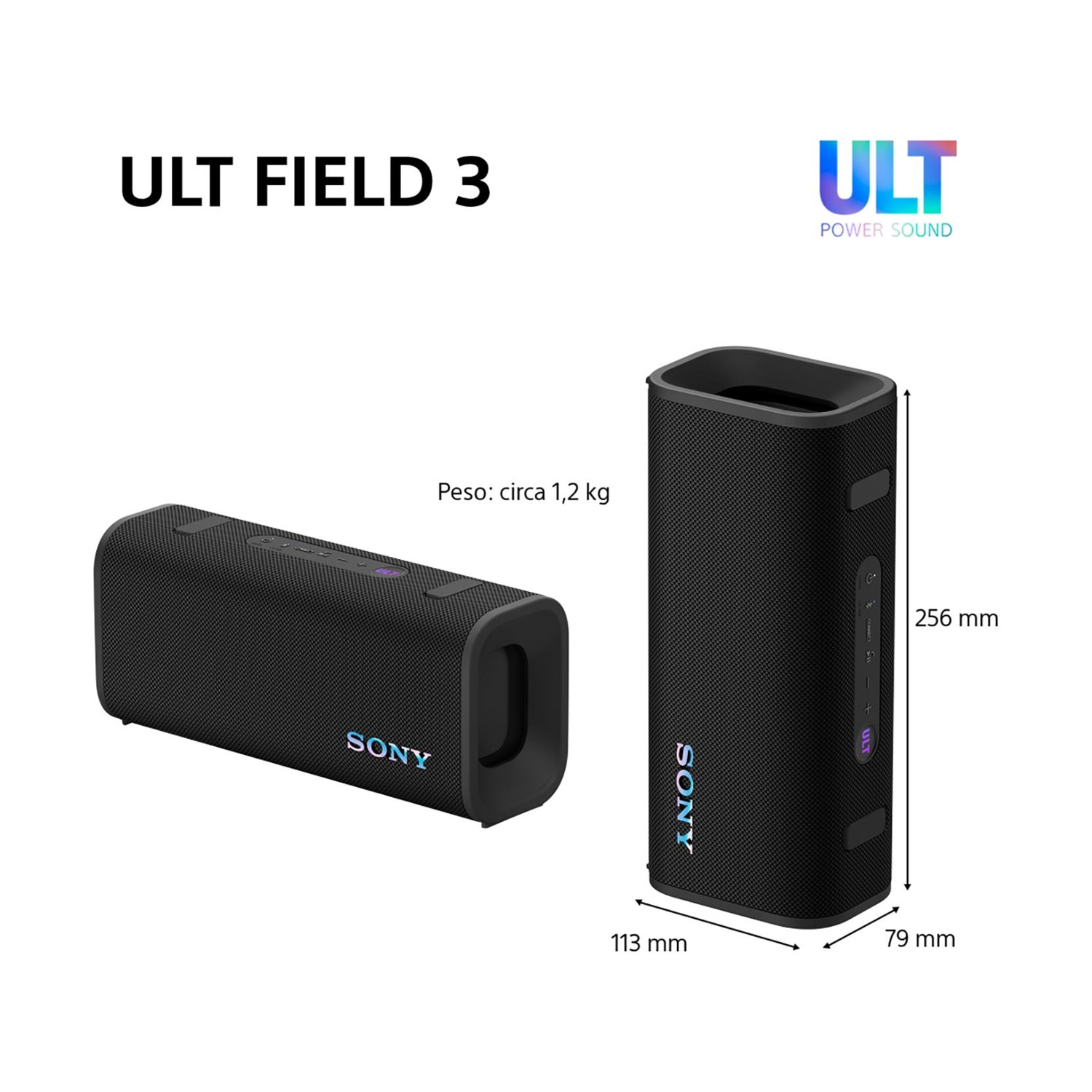 Due altoparlanti Sony ULT FIELD 3 neri, uno sdraiato, uno in piedi, con dimensioni.