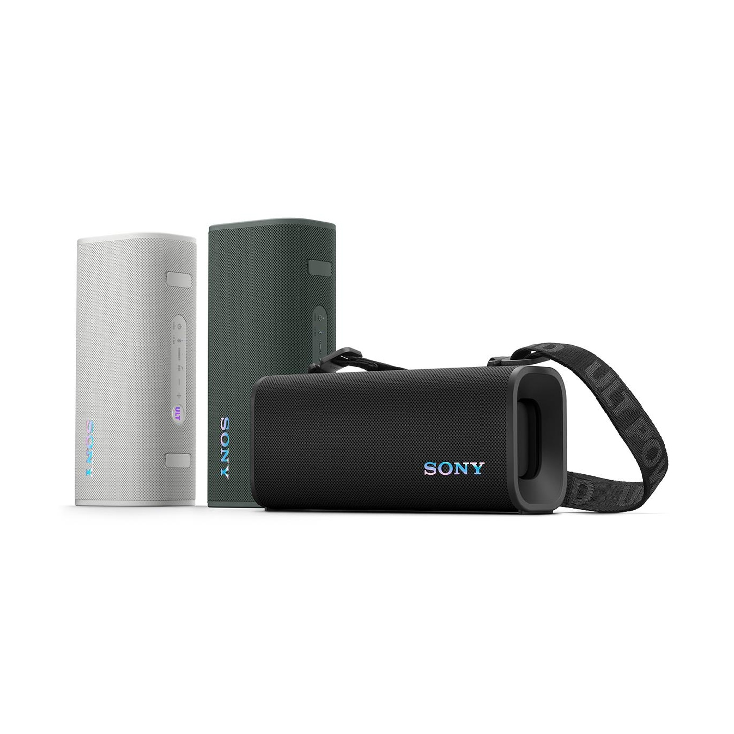 Tre altoparlanti Sony: uno nero, uno grigio e uno verde scuro.