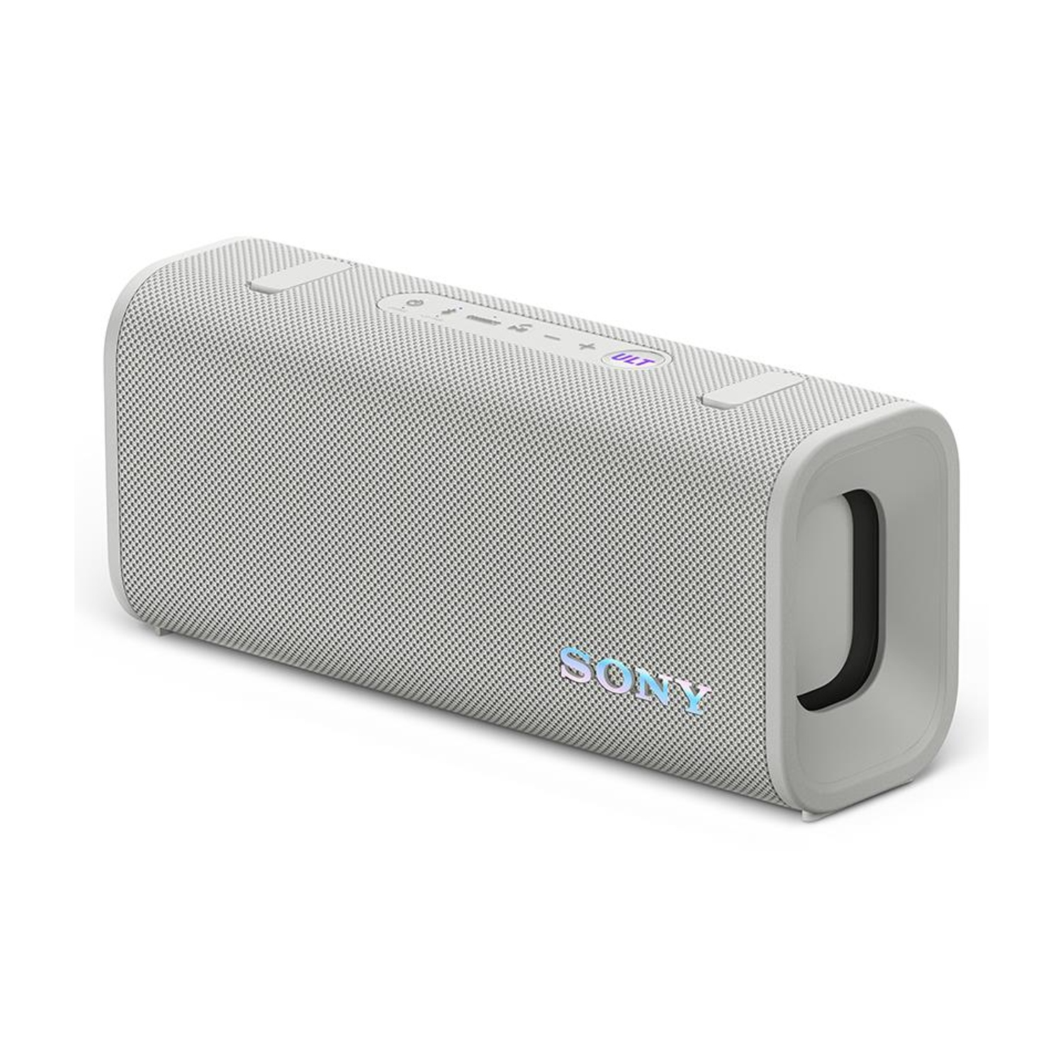 Un altoparlante Sony grigio chiaro, rettangolare, con tessuto testurizzato frontale e pulsanti.