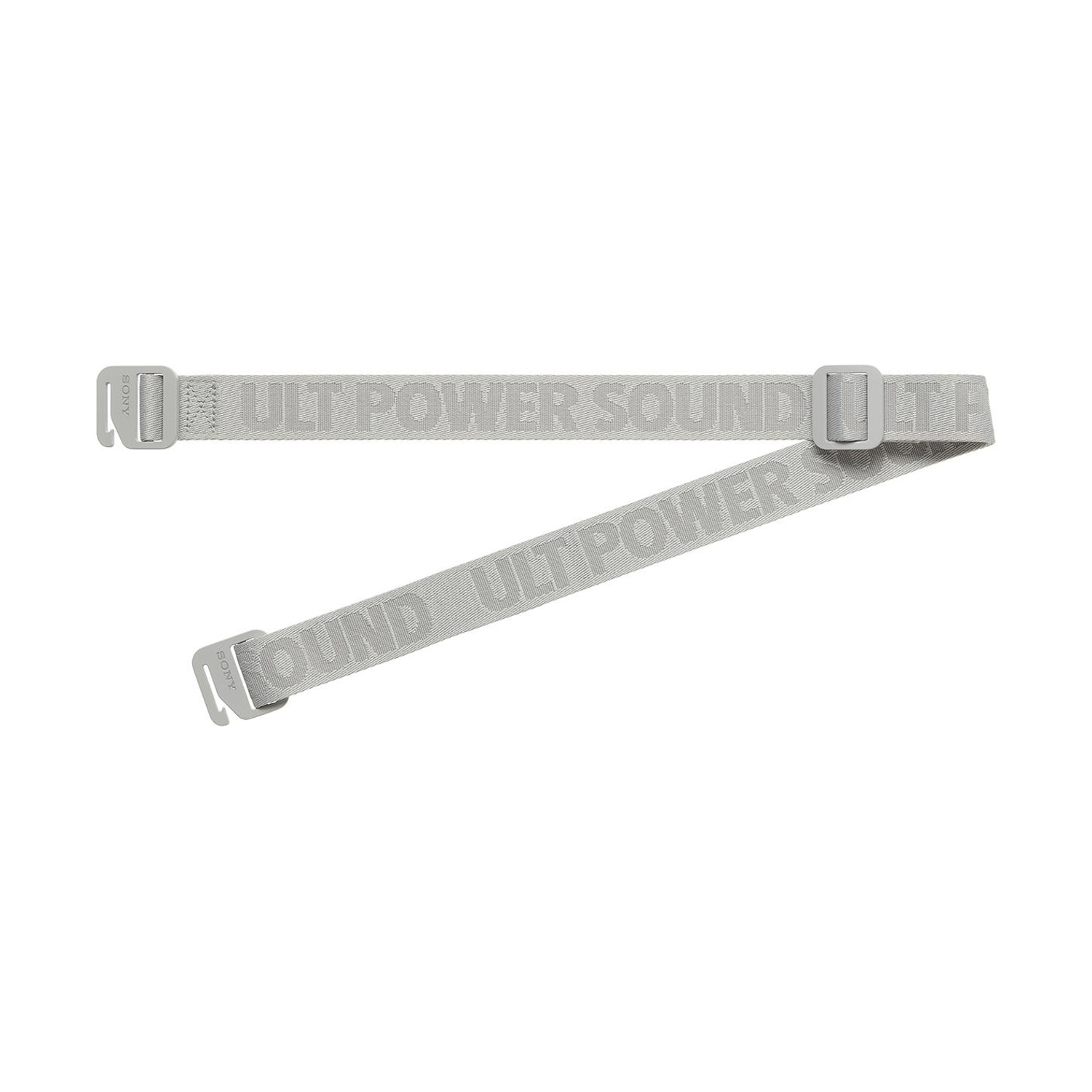 Due cinghie Sony ULT Power Sound grigie per cuffie con fibbie regolabili su sfondo bianco.