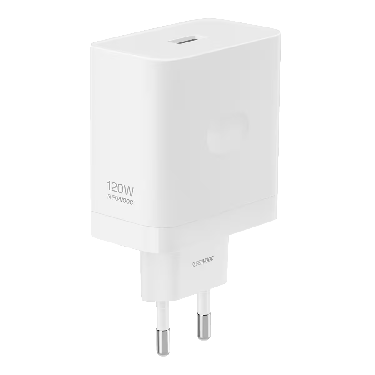 Un enchufe de carga blanco SuperVOOC de 120W con dos clavijas metálicas.