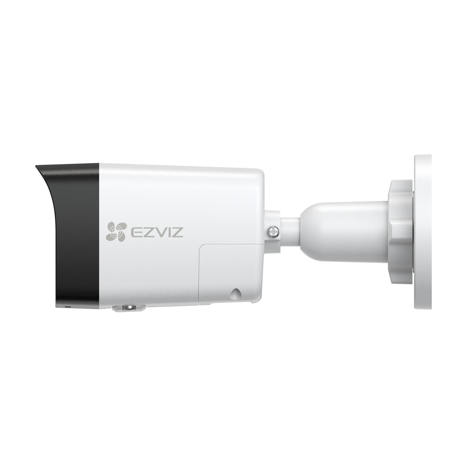 Una telecamera EZVIZ bianca con parte anteriore nera, isolata su sfondo bianco.