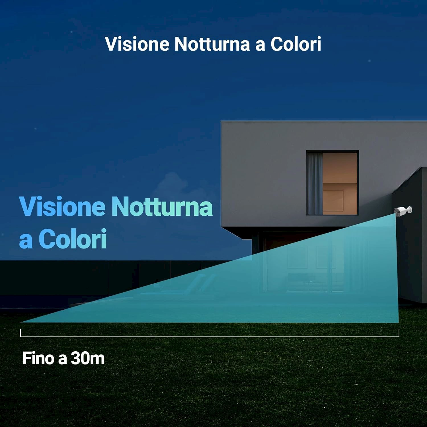 Una telecamera proietta un cono blu su una casa di notte. Portata fino a 30m.