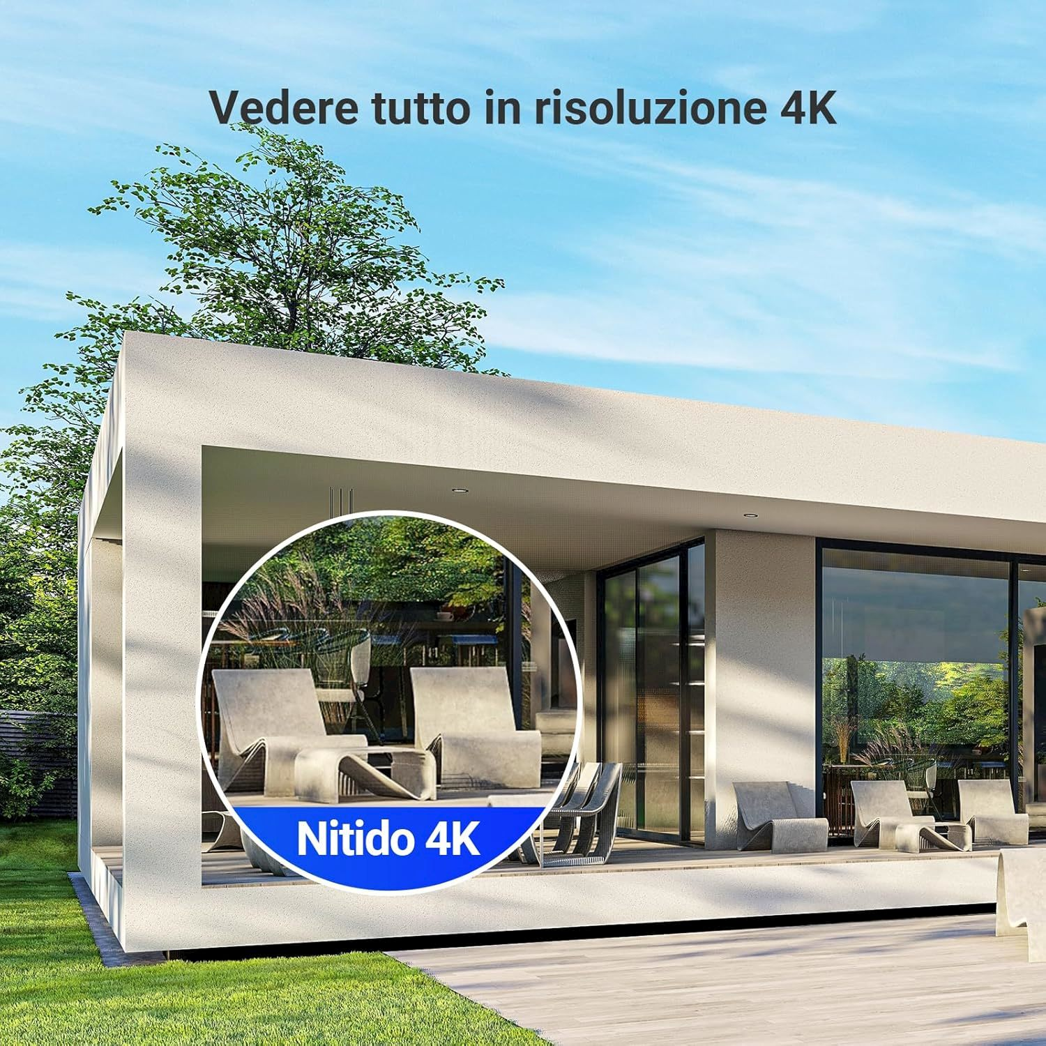 Villa moderna con terrazza e mobili da giardino. Cerchio blu evidenzia il dettaglio 4K.