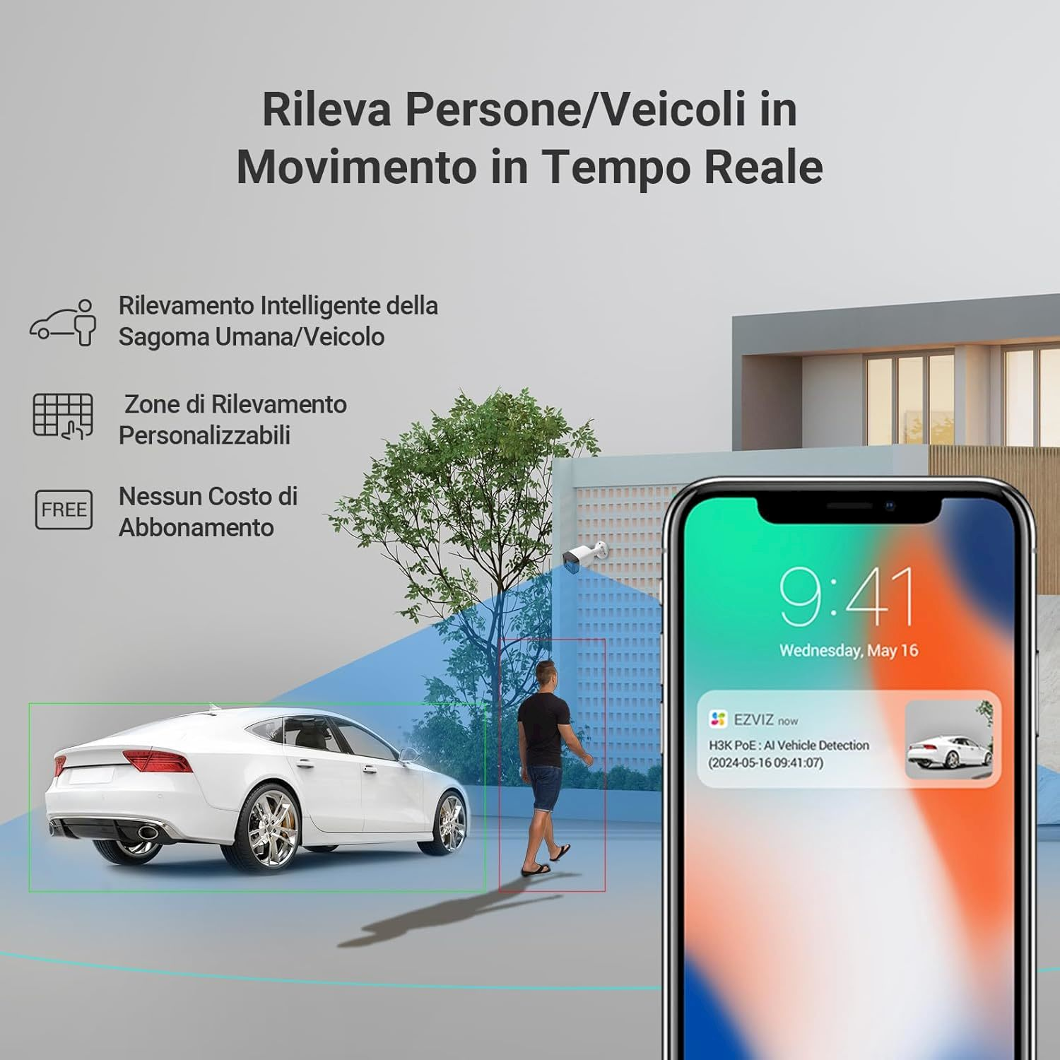 Telecamera sicurezza IA rileva auto, persona e mostra notifica su telefono.