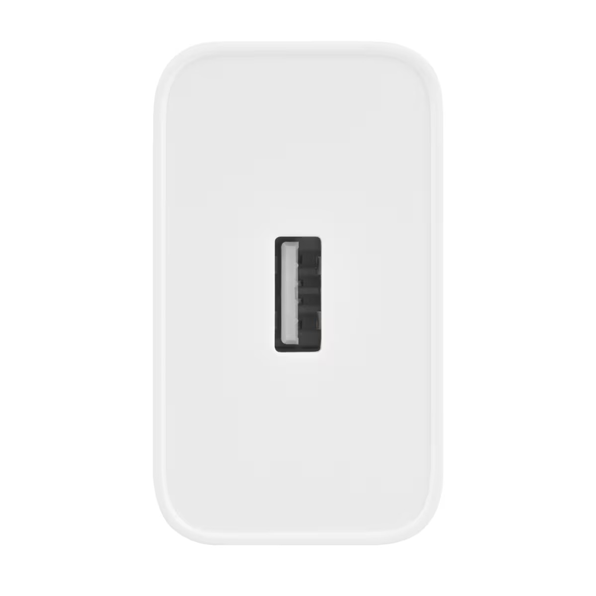 Un adaptador de carga blanco con un puerto USB negro en el centro.