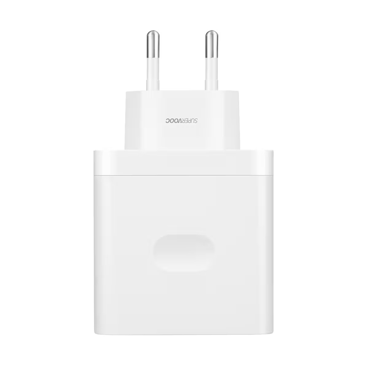 Un cargador blanco SUPERVOOC con dos clavijas metálicas