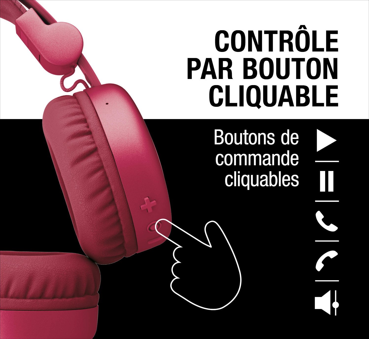 Casque rouge avec commandes et icônes : Lecture, Pause, Appel, Volume.