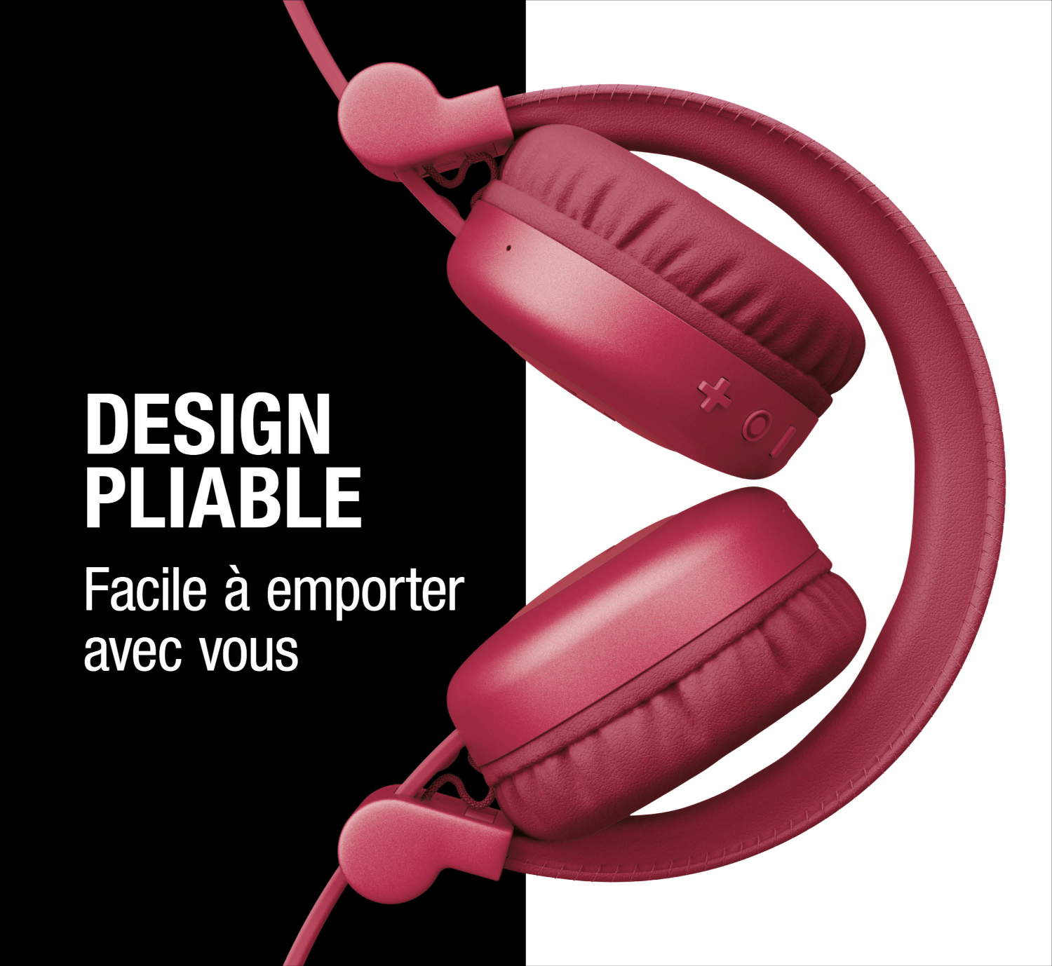 Casque pliable rouge sur fond noir et blanc.