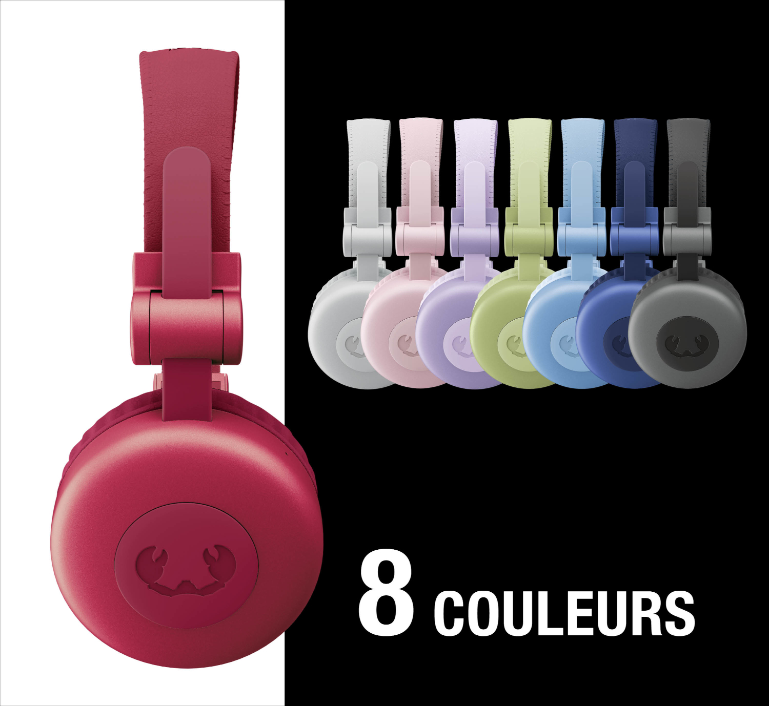 Un casque rouge à gauche, à côté de sept casques colorés alignés.