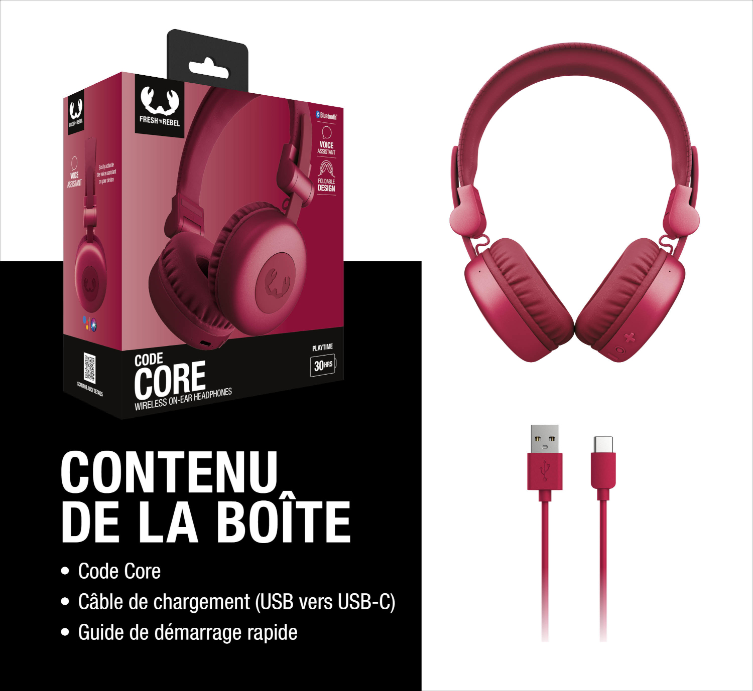 Une boîte de casque rouge avec casque et câbles.