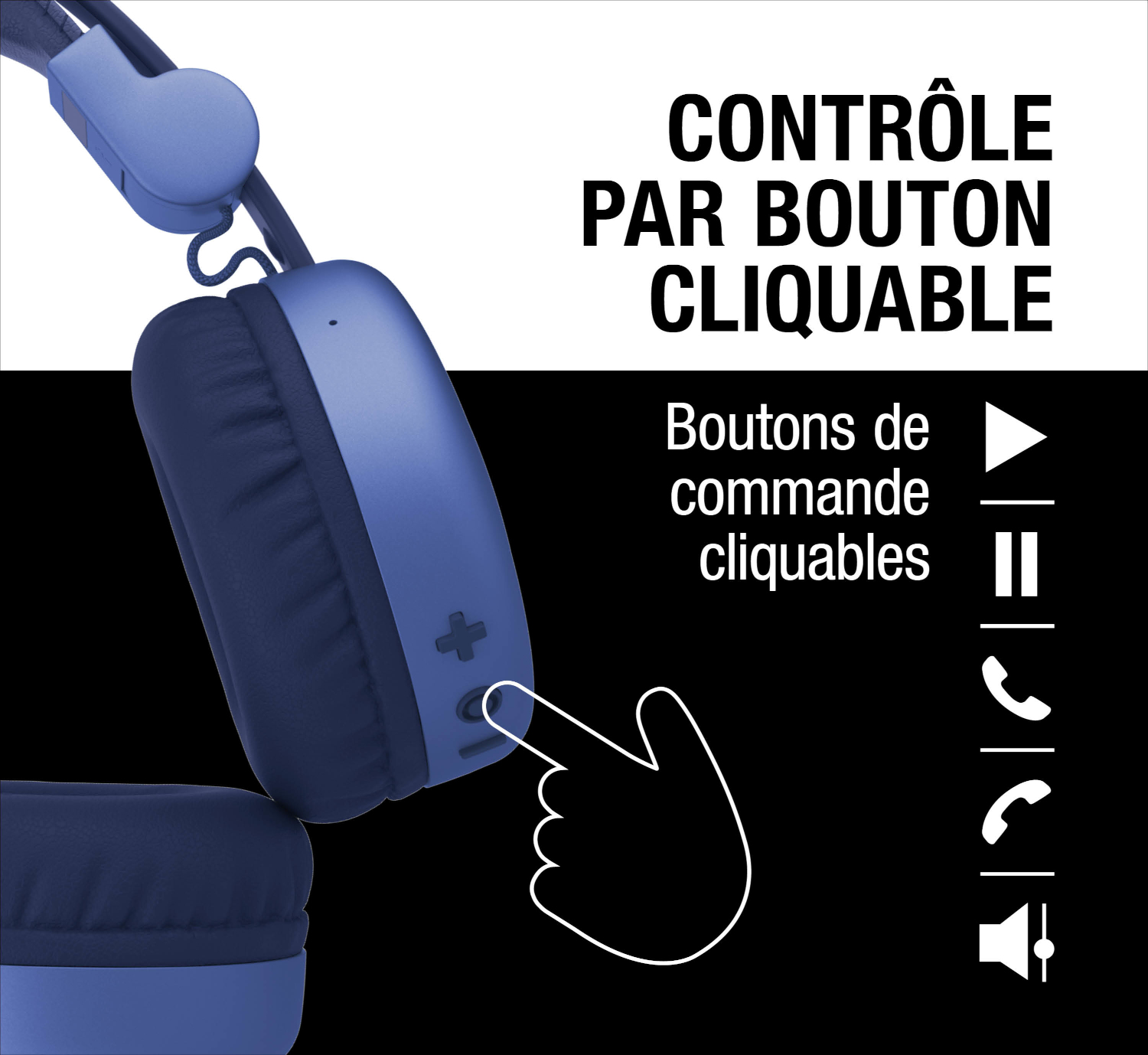 Casque bleu avec boutons de commande cliquables. Une main appuie sur un bouton.