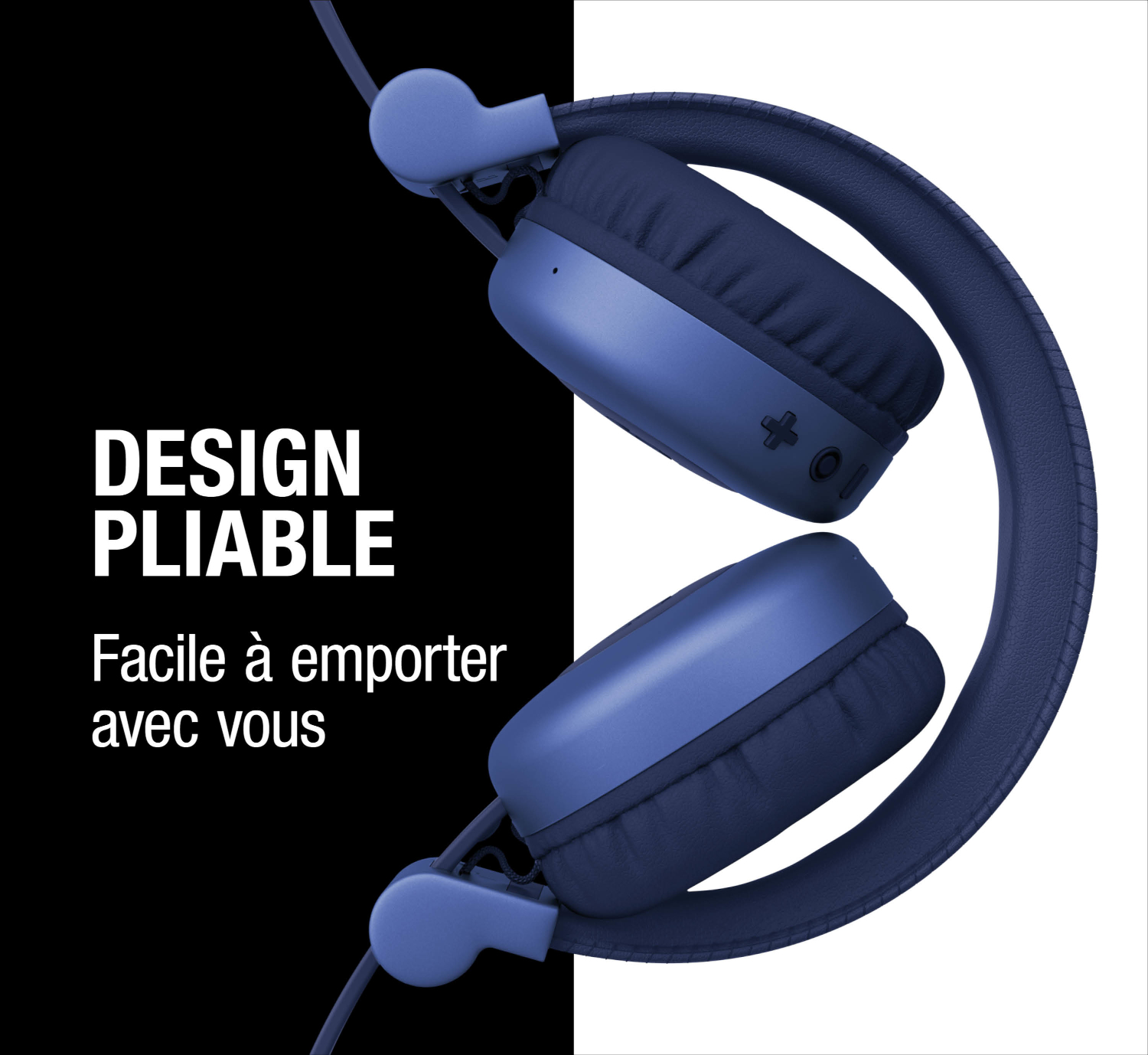 Casque pliable bleu avec coussinets doux sur fond noir et blanc.