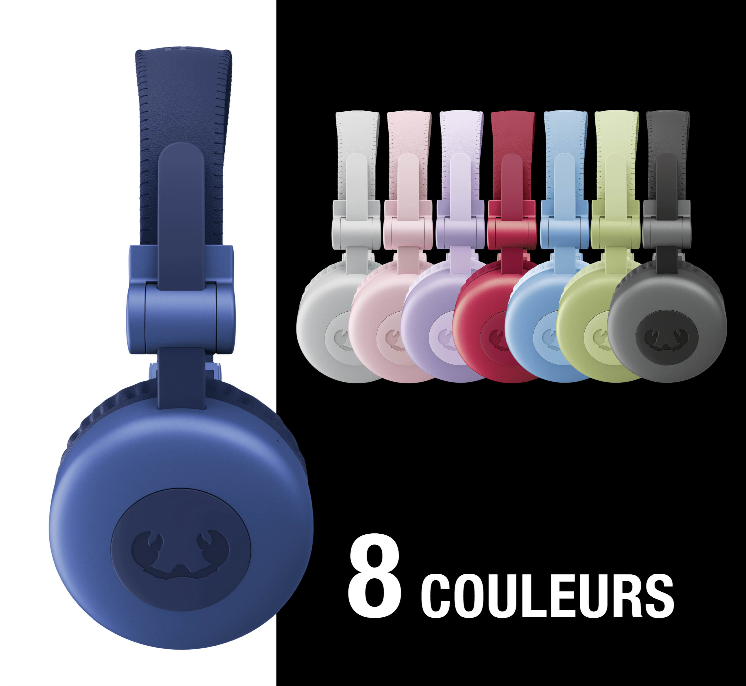 Un casque bleu devant, avec sept autres de couleurs variées à côté.