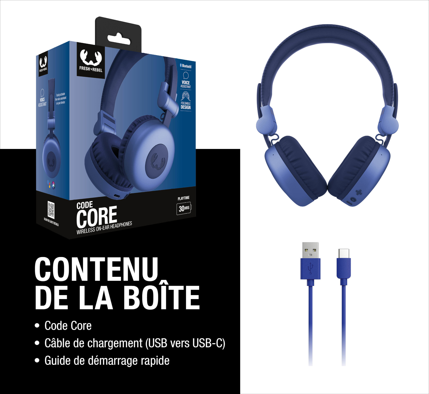 Casque bleu avec câble de chargement et emballage. Comprend Code Core, câble USB-C, manuel.