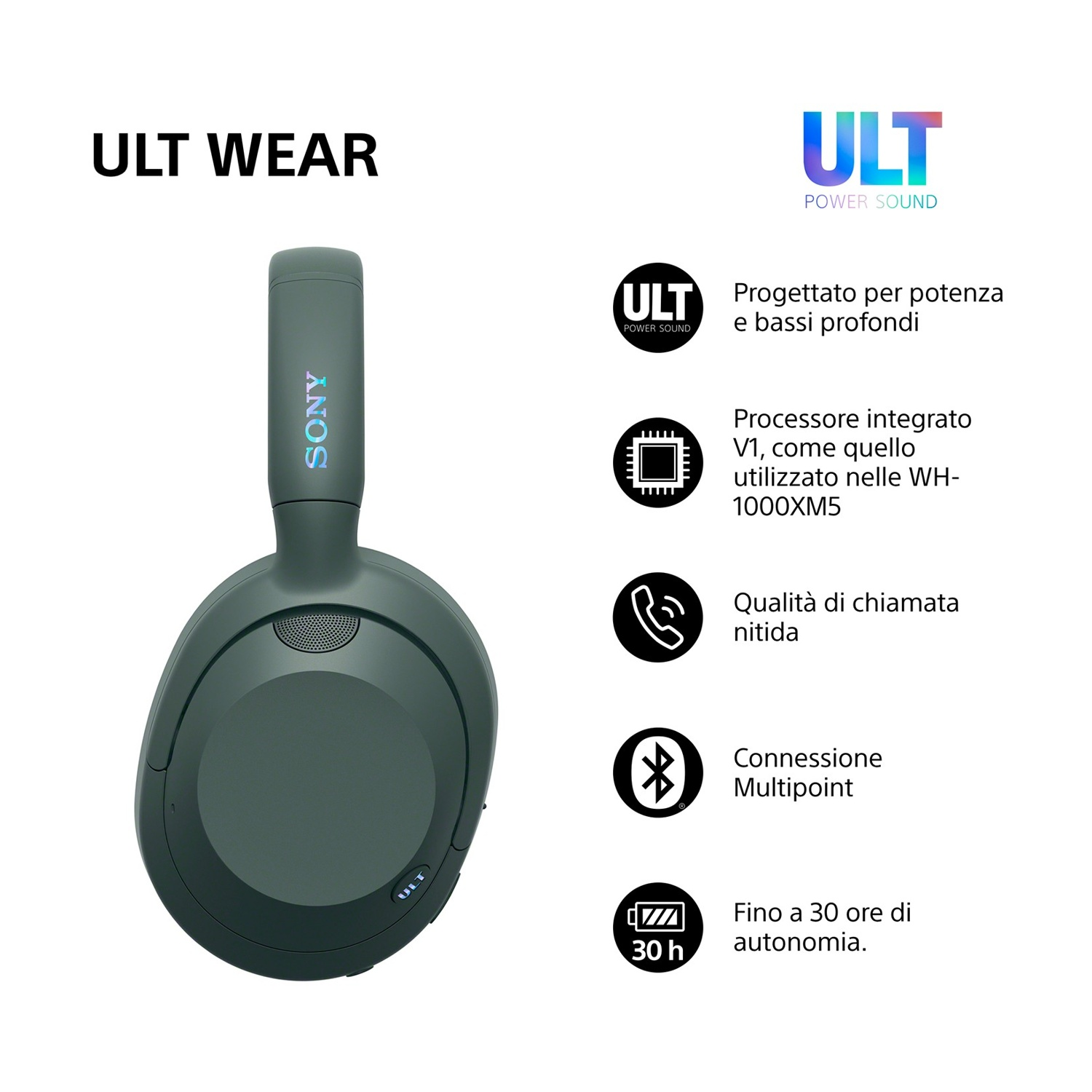 Cuffie Sony ULT Wear: suono potente, chip V1, chiamate nitide, multipoint, 30h autonomia.