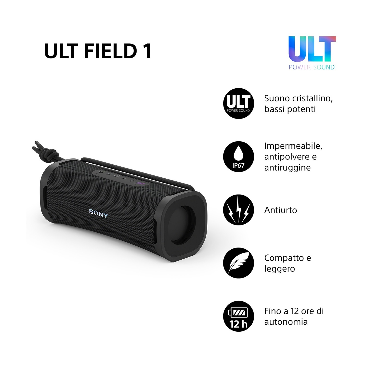 Altoparlante Sony ULT FIELD 1 nero con tracolla e icone.