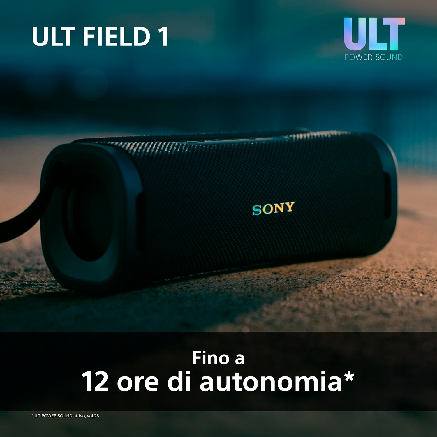 Altoparlante Sony nero su cemento con testo 'ULT FIELD 1'.