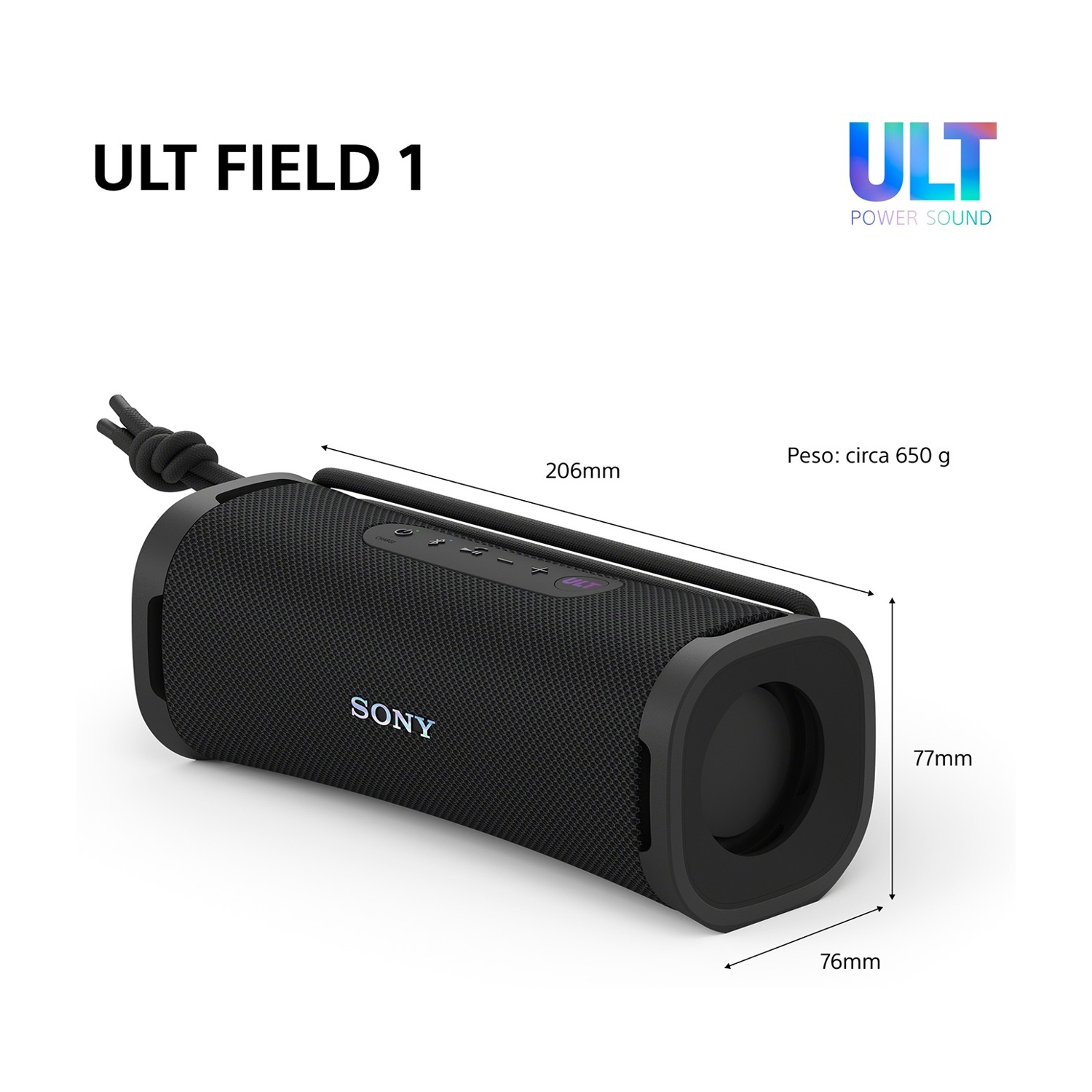 Altoparlante Sony ULT Field 1 nero, 206x77x76mm, 650g. Logo ULT POWER SOUND.