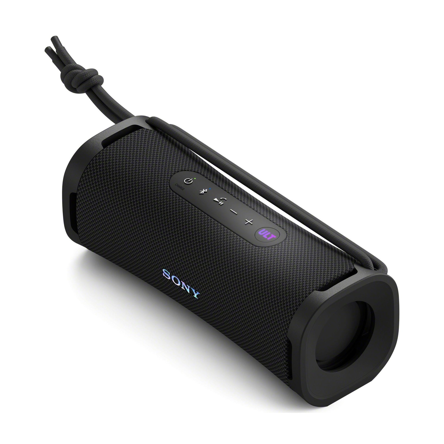Altoparlante Bluetooth Sony nero con tracolla e pulsanti.