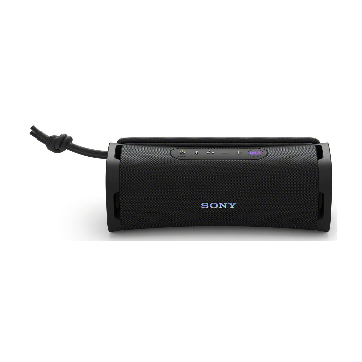 Altoparlante Bluetooth Sony nero con laccetto e pulsanti di controllo.