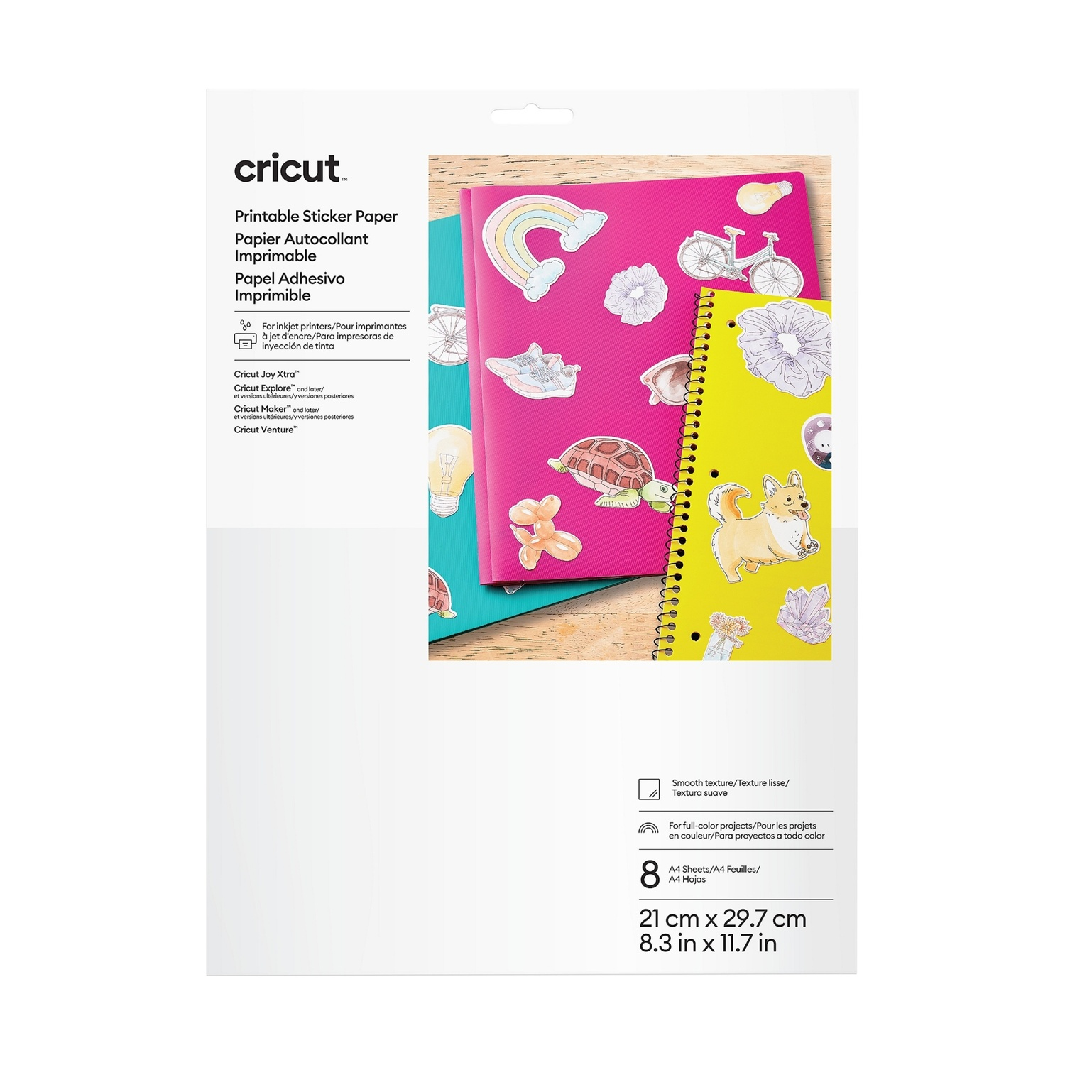 Carta adesiva stampabile Cricut: 8 fogli A4, liscia, per progetti a colori.