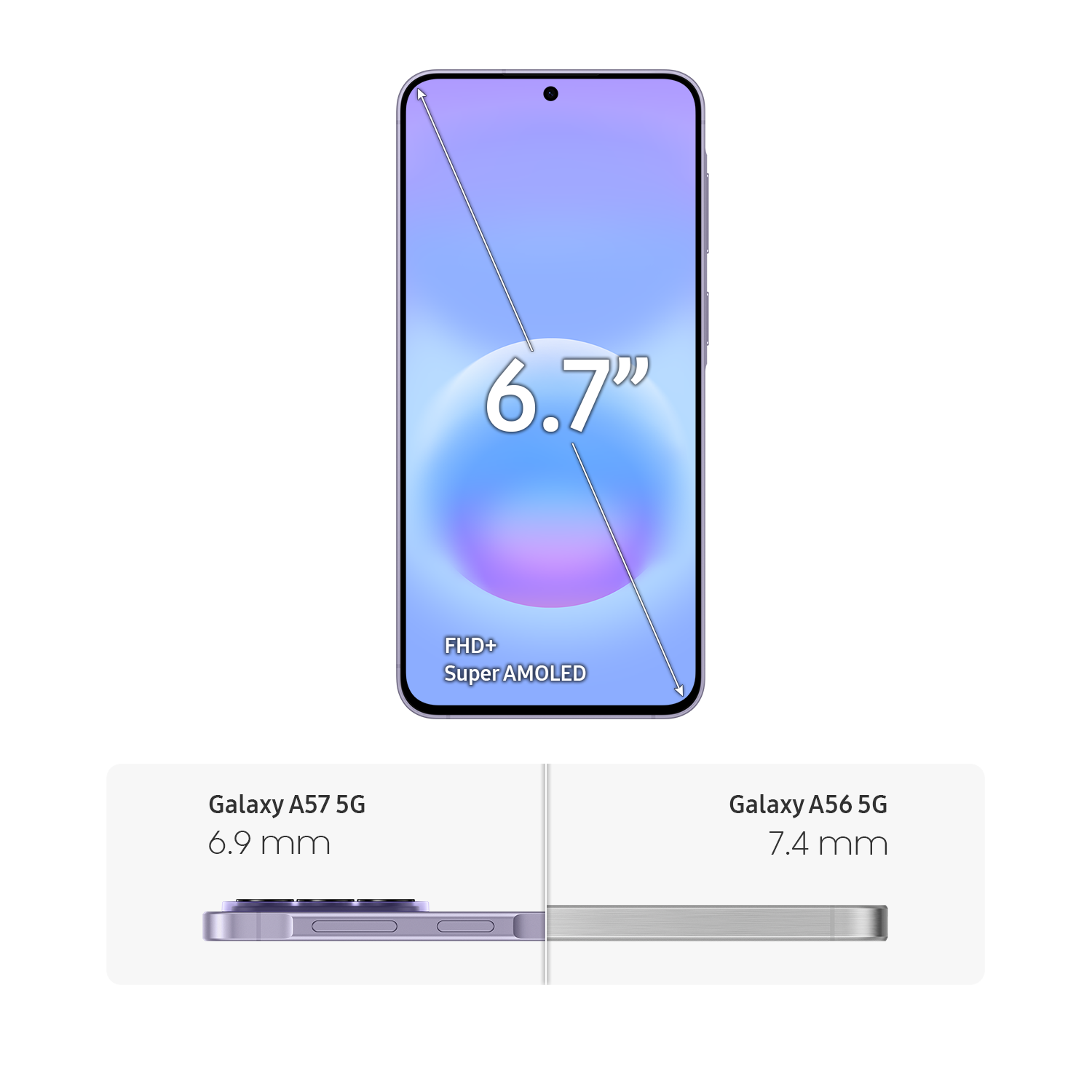 Vista frontal de un smartphone morado con pantalla FHD+ Super AMOLED de 6,7 pulgadas. Abajo: teléfonos morado y plateado, 6,9 mm y 7,4 mm.