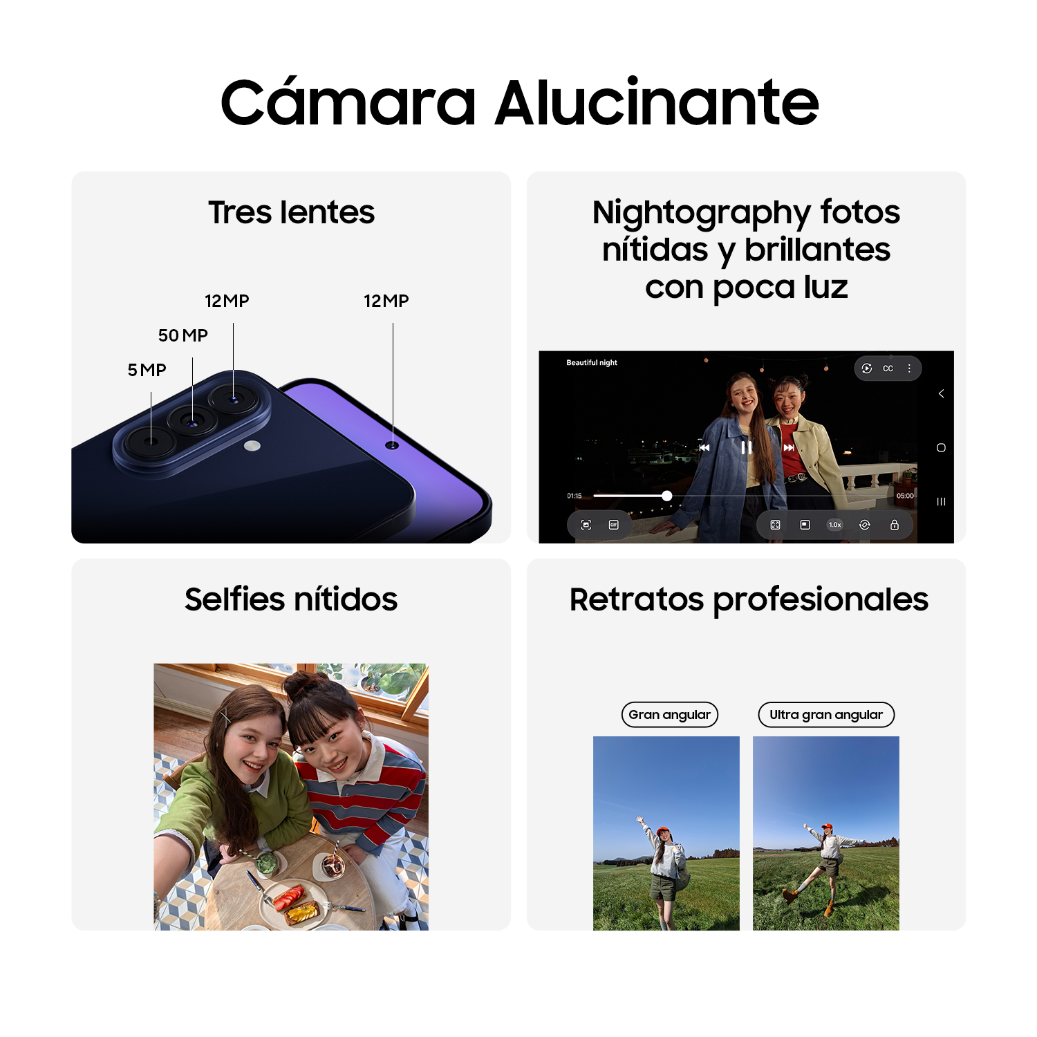 Especificaciones cámara teléfono: 3 lentes (50MP, 12MP, 5MP), video modo noche, selfies, retratos.