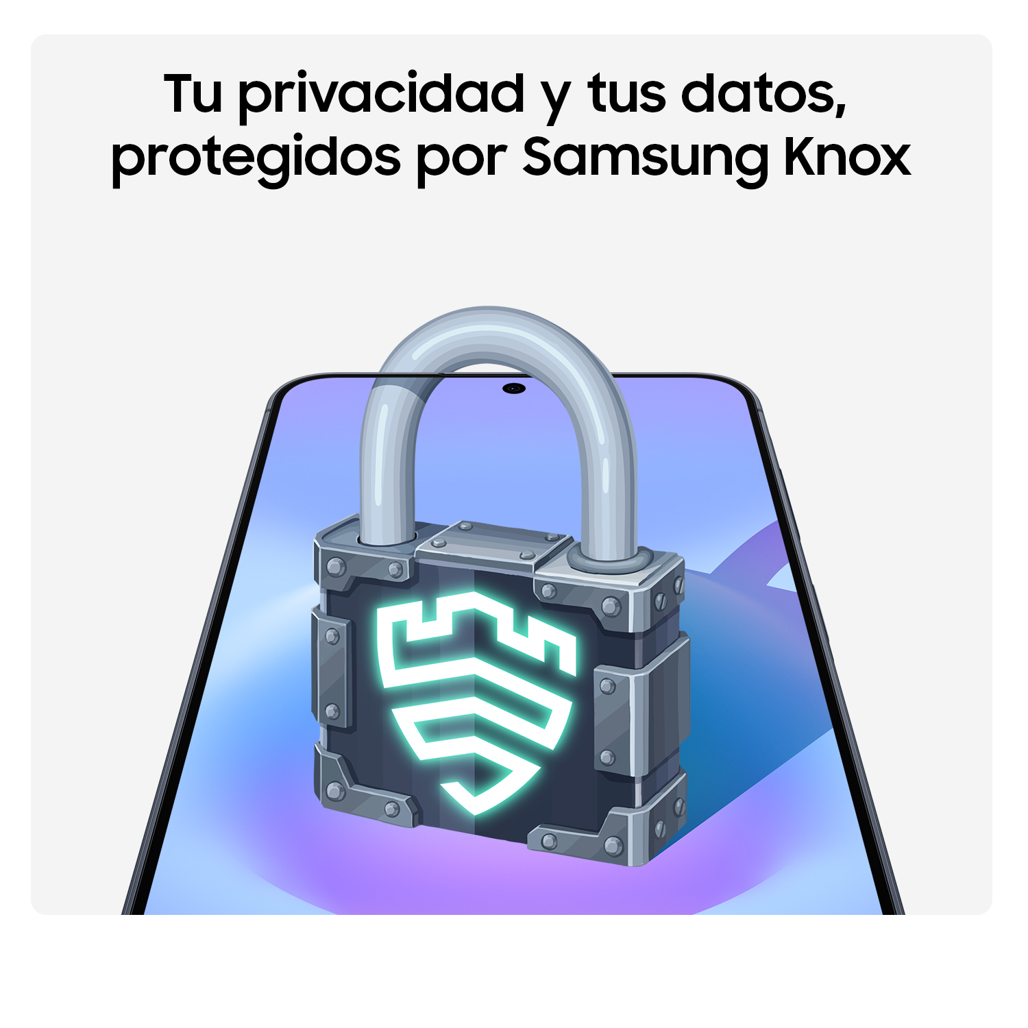 Un smartphone con un candado estilizado que muestra el logo de Samsung Knox.