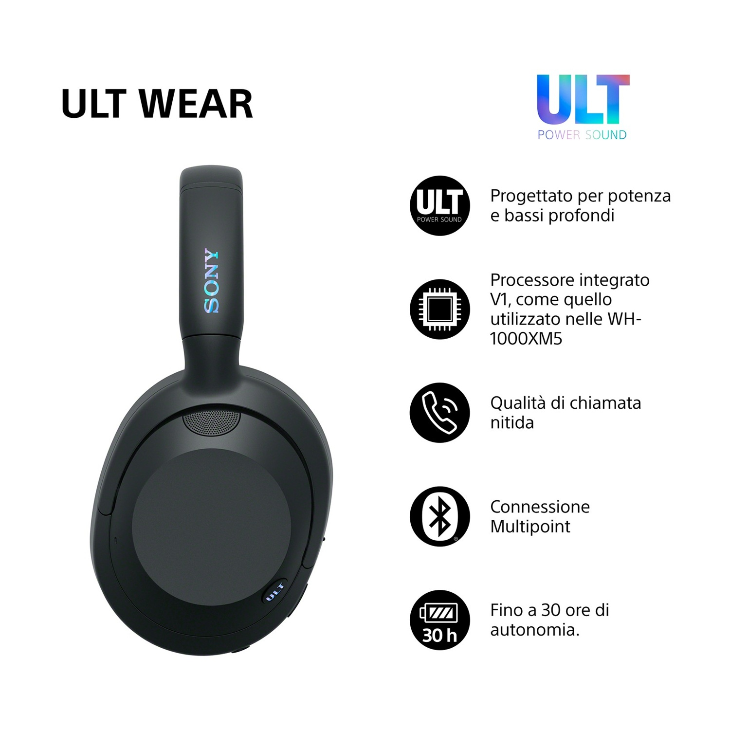 Cuffie Sony nere con scritta ULT WEAR e specifiche tecniche.
