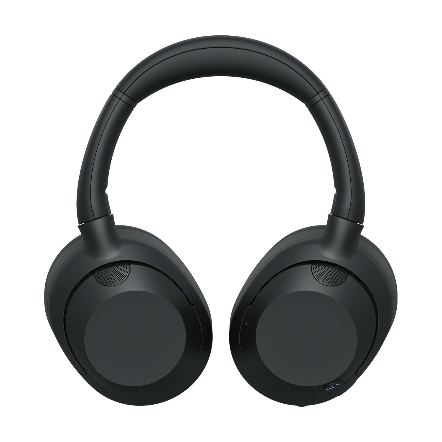 Cuffie nere over-ear su sfondo bianco. Hanno un design elegante e moderno.