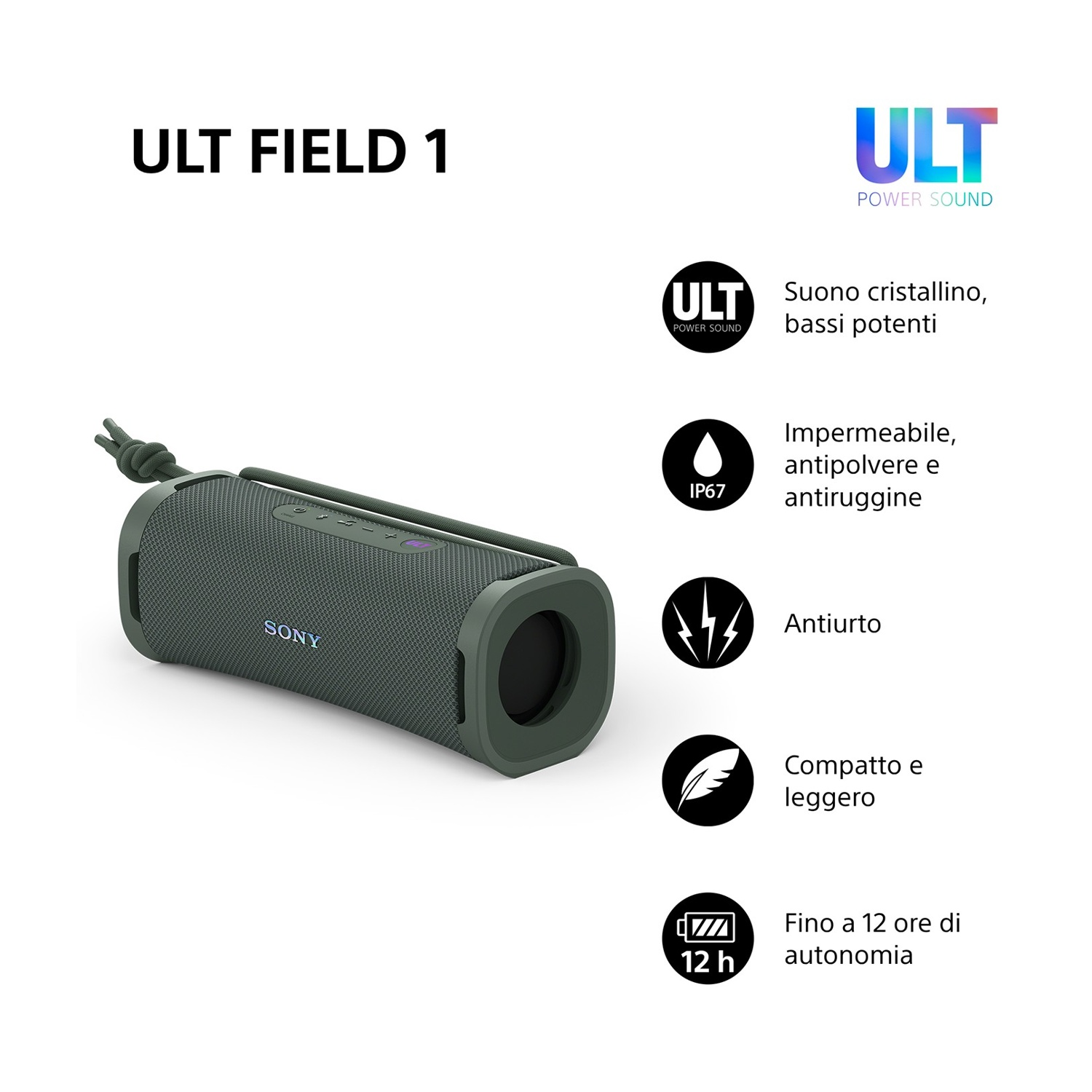 Altoparlante Bluetooth portatile Sony ULT FIELD 1 verde con tracolla e controlli.