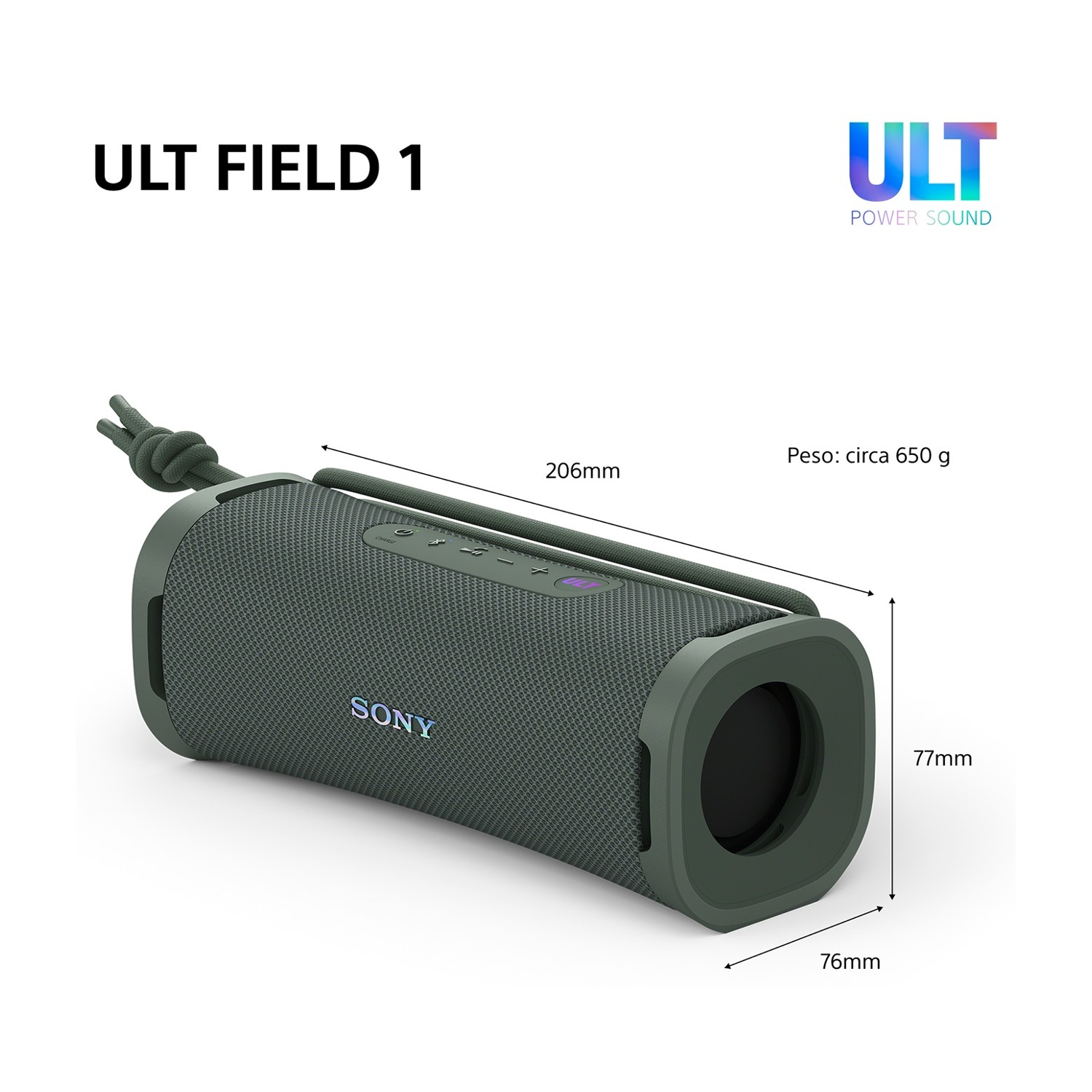 Un altoparlante Bluetooth Sony Ult Field 1 verde con dimensioni e peso.