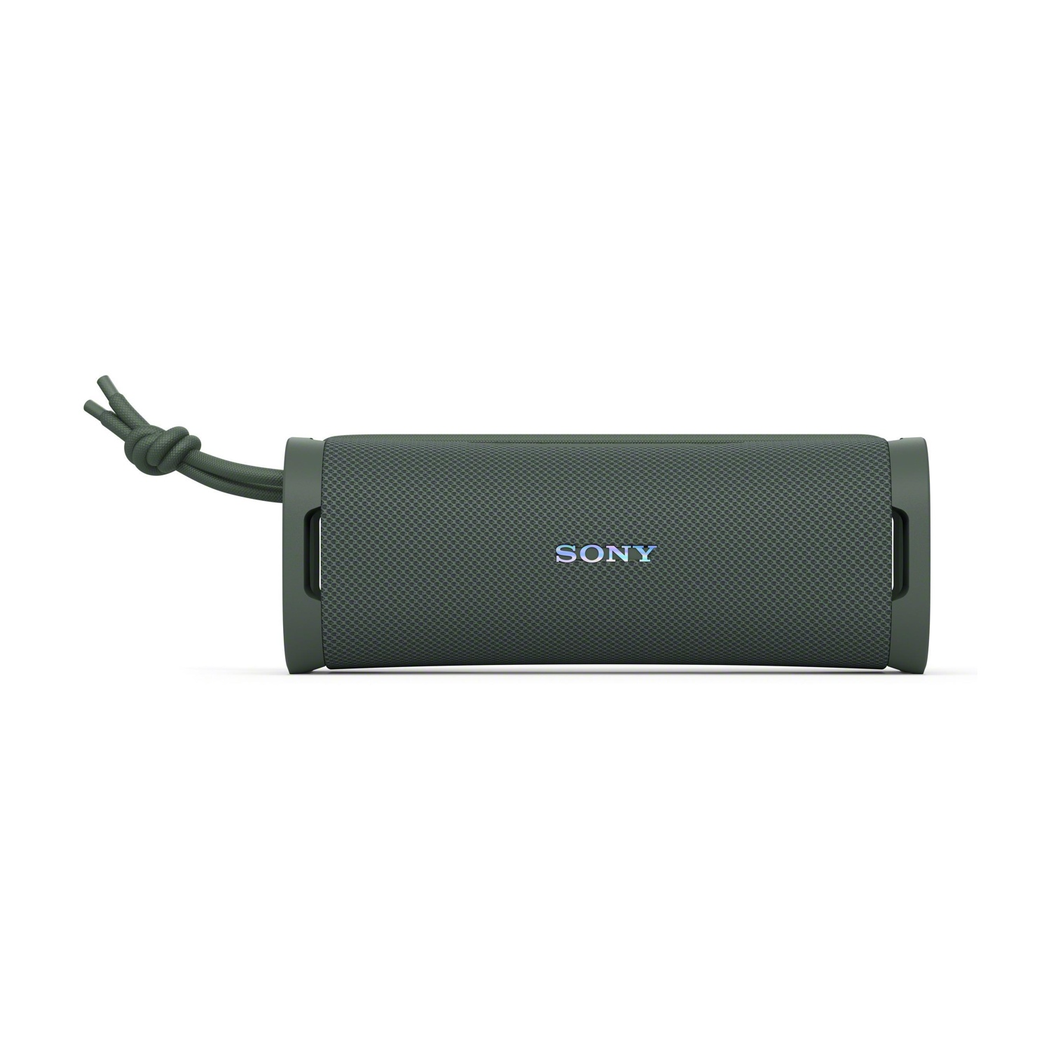 Altoparlante Sony grigio scuro con cordino, su sfondo bianco.