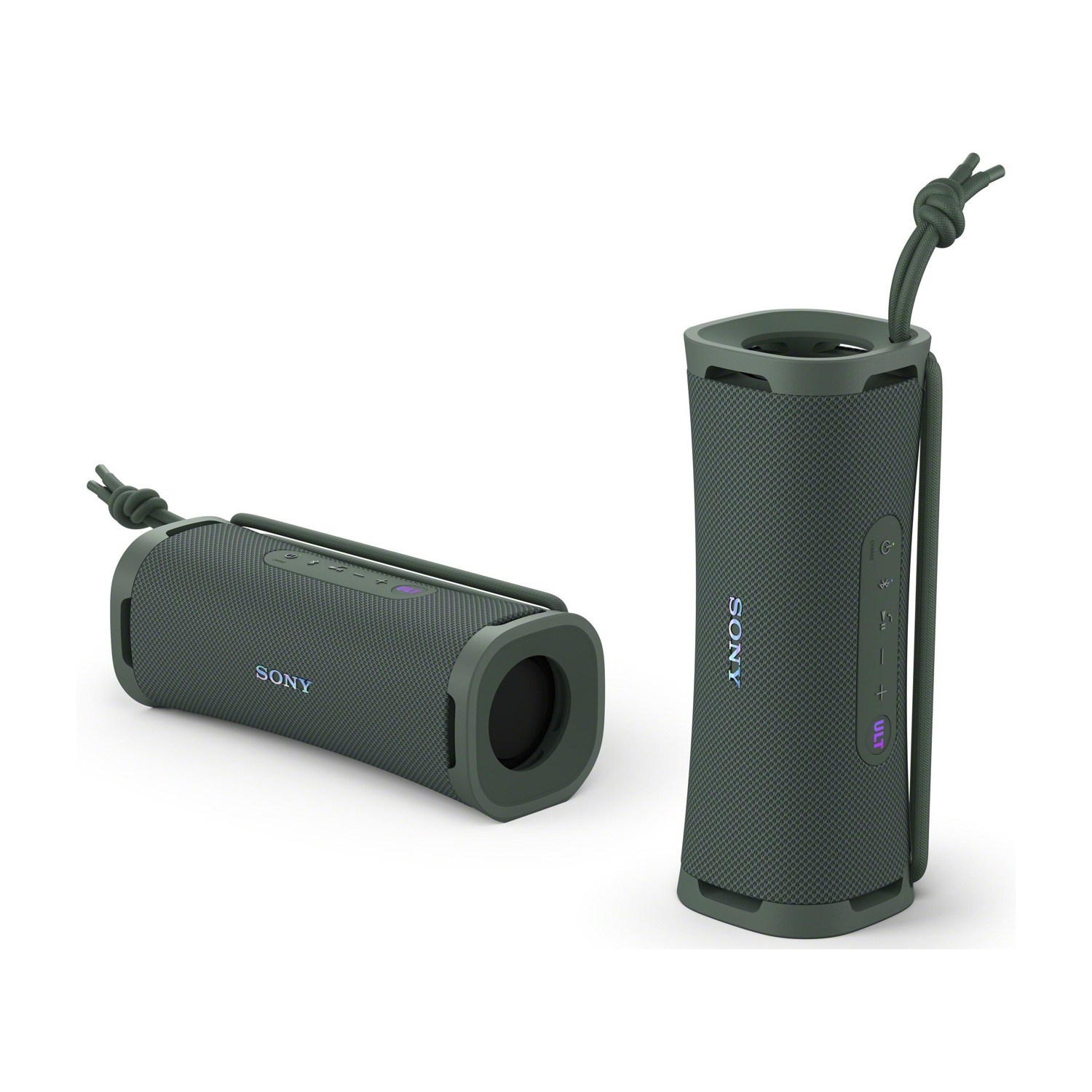 Due altoparlanti Bluetooth Sony verdi su sfondo bianco. Uno sdraiato, l'altro in piedi.