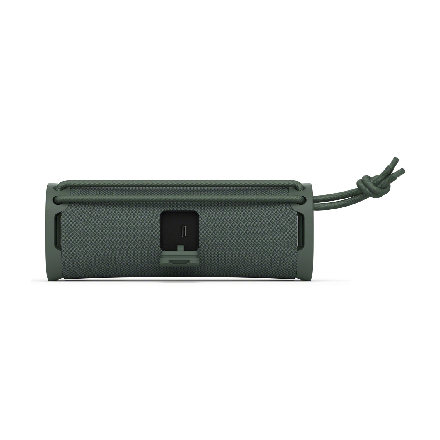Un altoparlante Bluetooth verde con una corda su sfondo bianco.