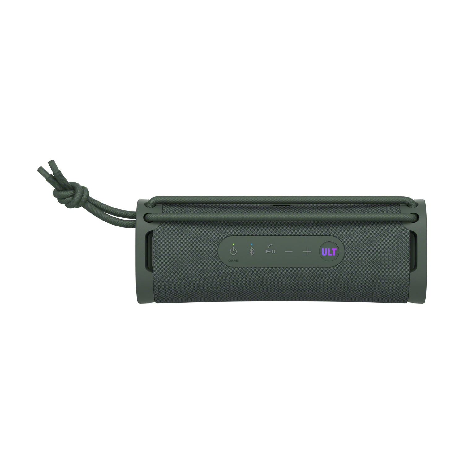 Altoparlante Bluetooth verde scuro con laccetto e pulsanti.